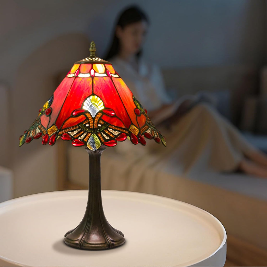 Tiffany Style Table Lamp, Small Stained Glass Lamp for Bedside, Bedroom, Nightstand, Living Room, 12 Inch Mini Vintage Light Included E26 Bulbs with Remote Control (Red Umbrella)