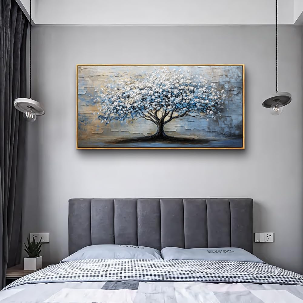ERQINHUA Wood Framed Abstract Wall Art Office Large Wall Decor Art For Living Room Wall Pictures Blue Grey TreePainting Framed Canvas Artwork Bedroom Dining room Home Decoration Aesthetics 24'X48'