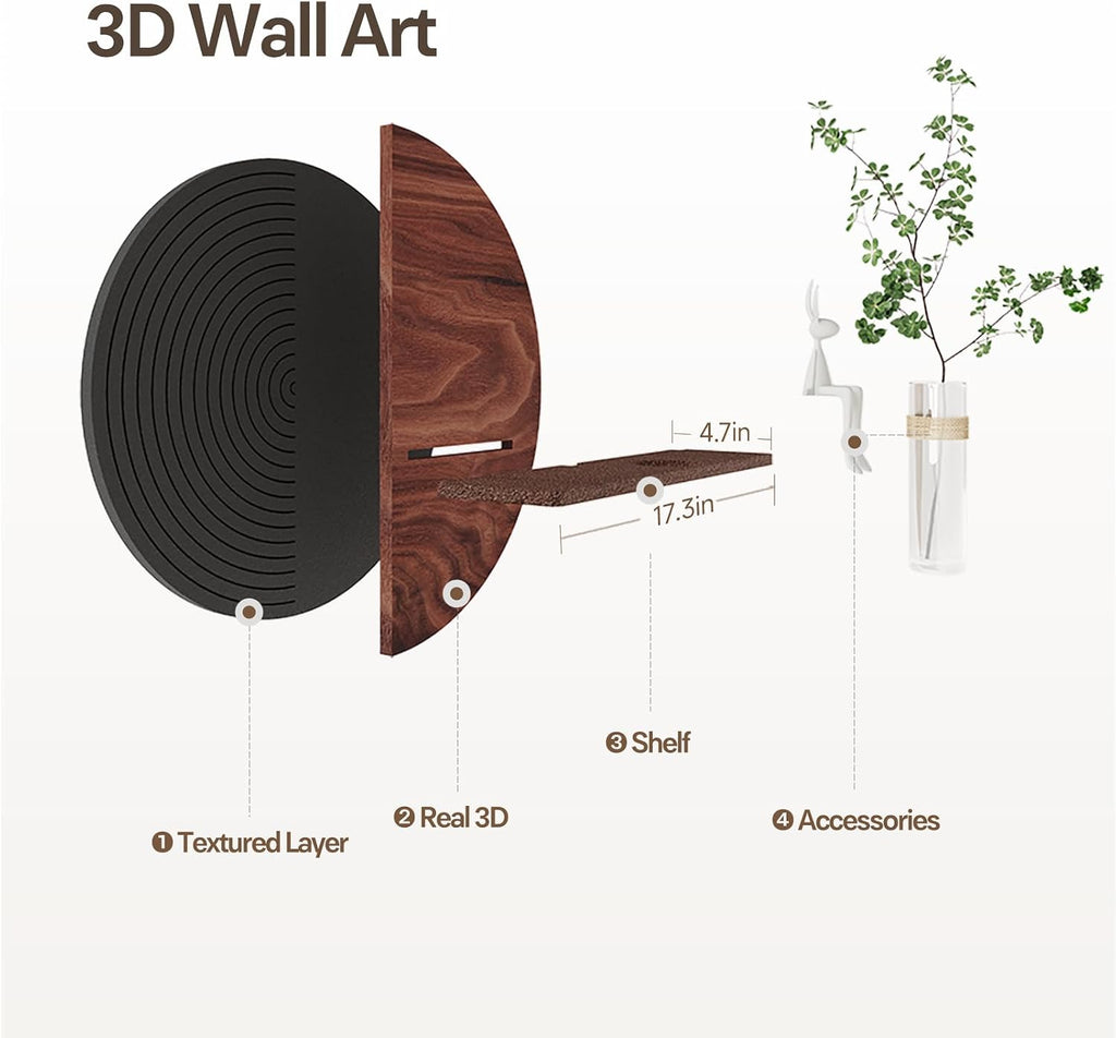 3D Textured Round Abstract Wall Art Decor With Shelf, Modern Minimalist Geometric Black Brown Artwork for Walls, Circle Sandstone Texture Wall Decor for Living Room, Hallway, Kitchen, Bedroom, Office