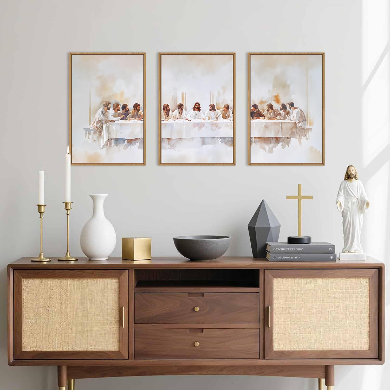 KAIRNE Jesus Last Supper Framed Canvas Wall Art Set, Christian Twelve Apostle Wall Decor, Bible Renaissance wall Painting, Religious Picture Art Print for Living Room, Bedroom, Church-24 x36 x3