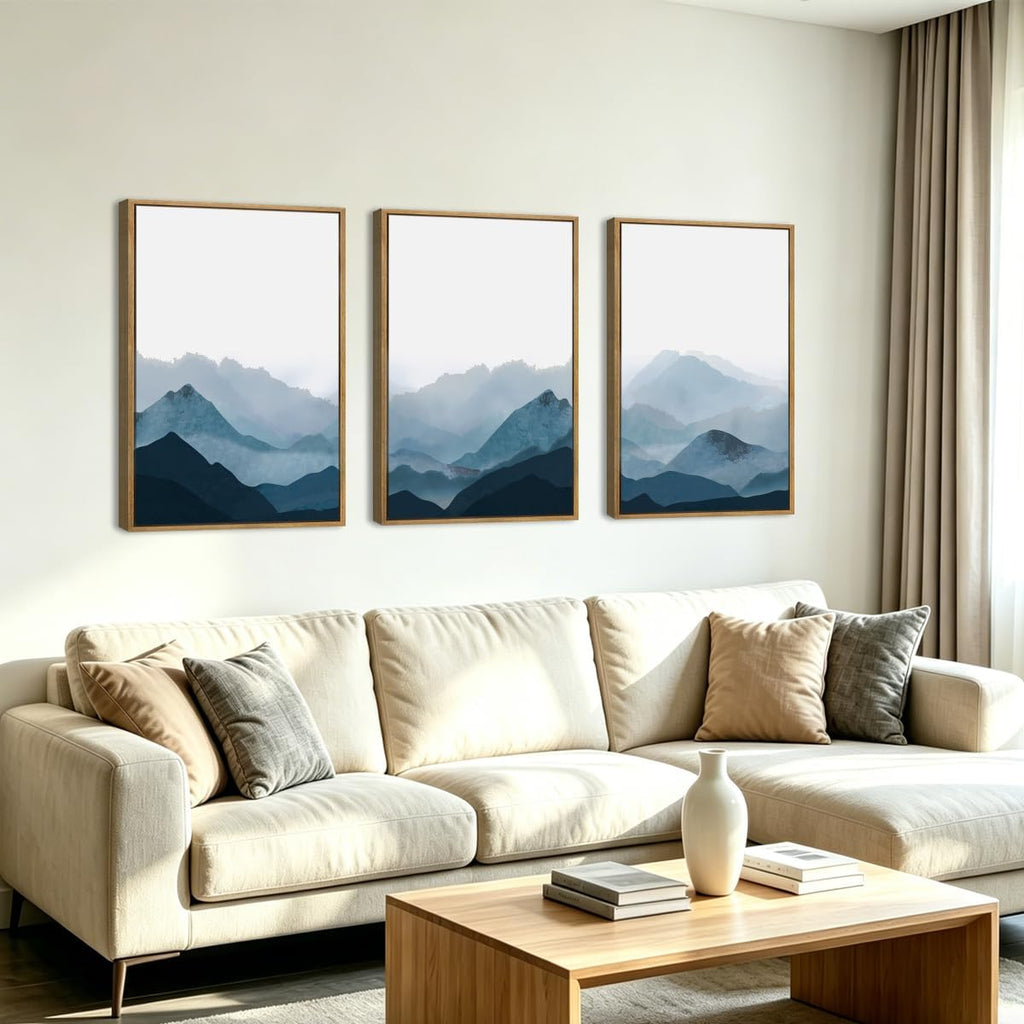 BINCUE Large Blue Mountain Wall Art Fog Blue Ridge Mountains Artwork Framed Minimalist Mountains Wall Decor Simple Mountain Pictures Landscape Artwork for Living Room Bedroom Office Farmhouse 24x36 Inch 3 Piece
