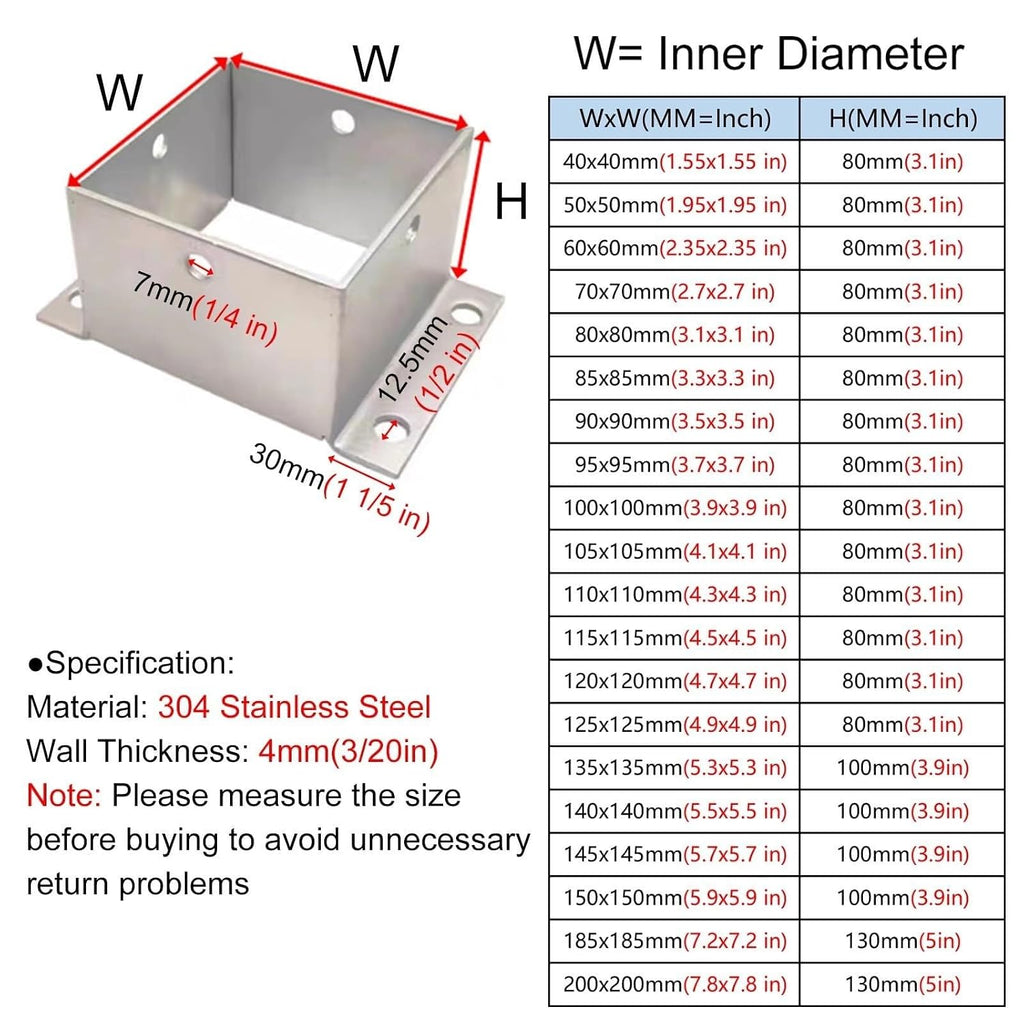 1 2 3 4 Pieces Post Base Bracket, Pergola Mailbox Deck Railing Post Wrap/Skirt Anchor Kits 2x2 3x3 4x4 5x5 6x6 7x7 8x8 Inch Square Support Foundation(4 Pack,80x80 mm/3.1x3.1 in)