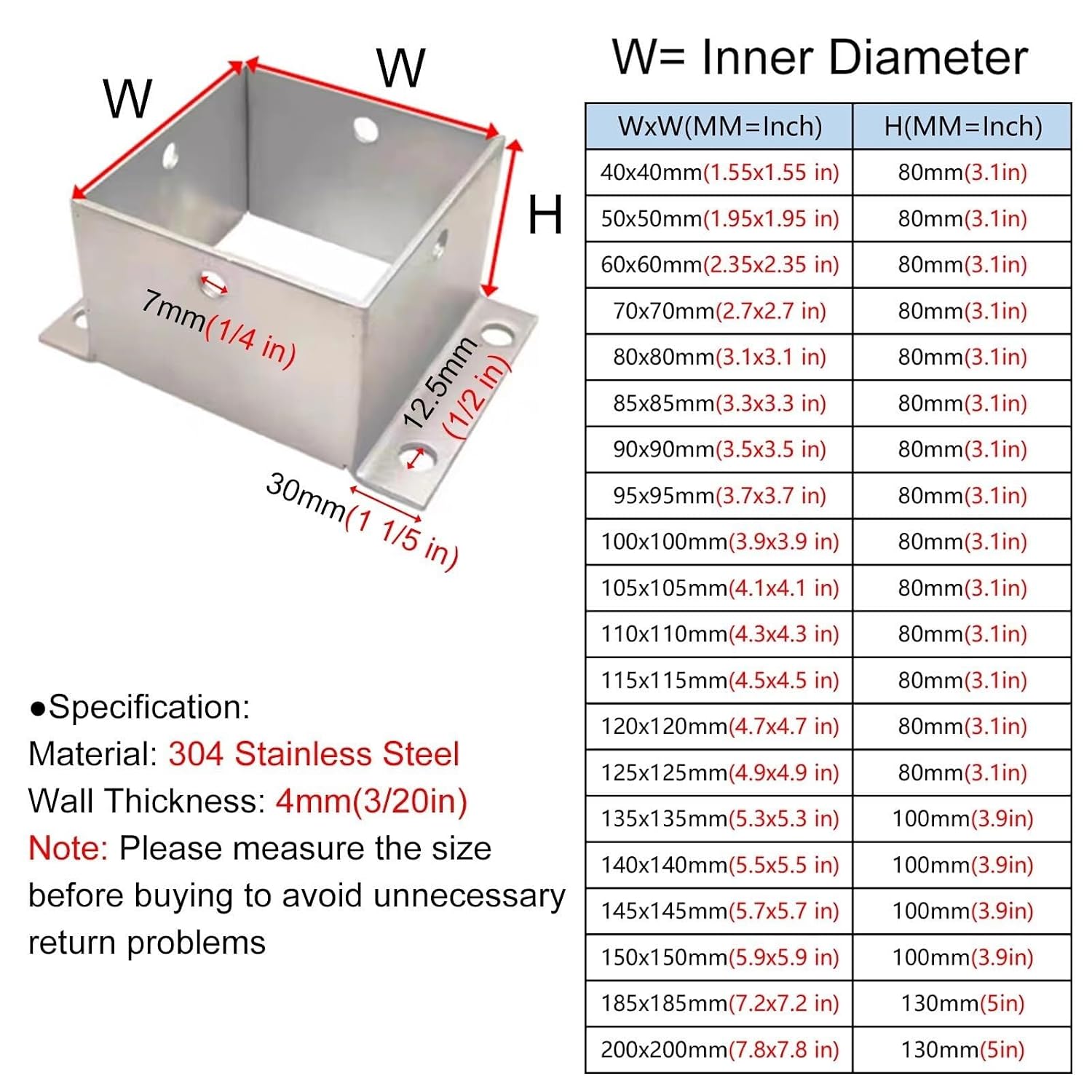 1 2 3 4 Pieces Post Base Bracket, Pergola Mailbox Deck Railing Post Wrap/Skirt Anchor Kits 2x2 3x3 4x4 5x5 6x6 7x7 8x8 Inch Square Support Foundation(4 Pack,80x80 mm/3.1x3.1 in)