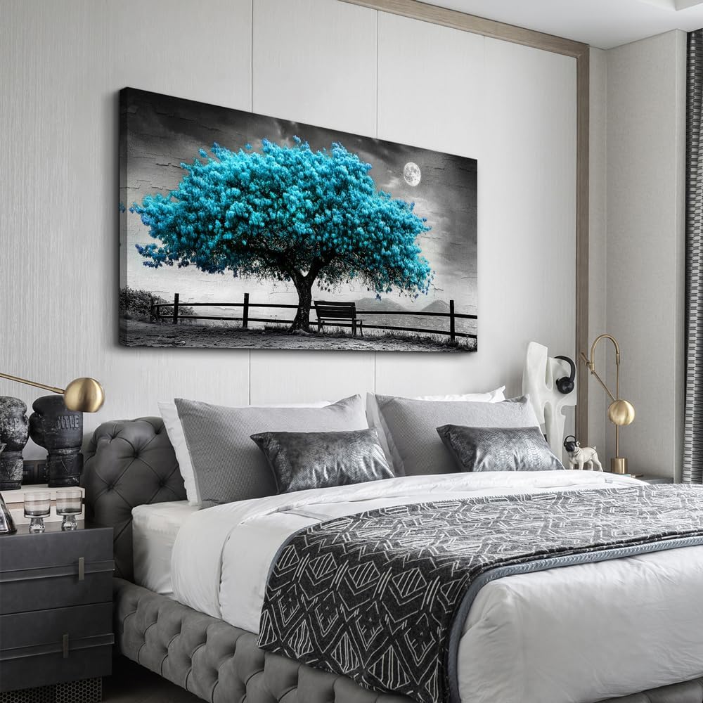 KELIYUAN Canvas Blue Tree Painting Wall Art Home Decoration Large Size Black And White Suitable For Living Room Office Bedroom Wall Decoration Printed Painting Modern Can Be Hung Directly 30x60 In