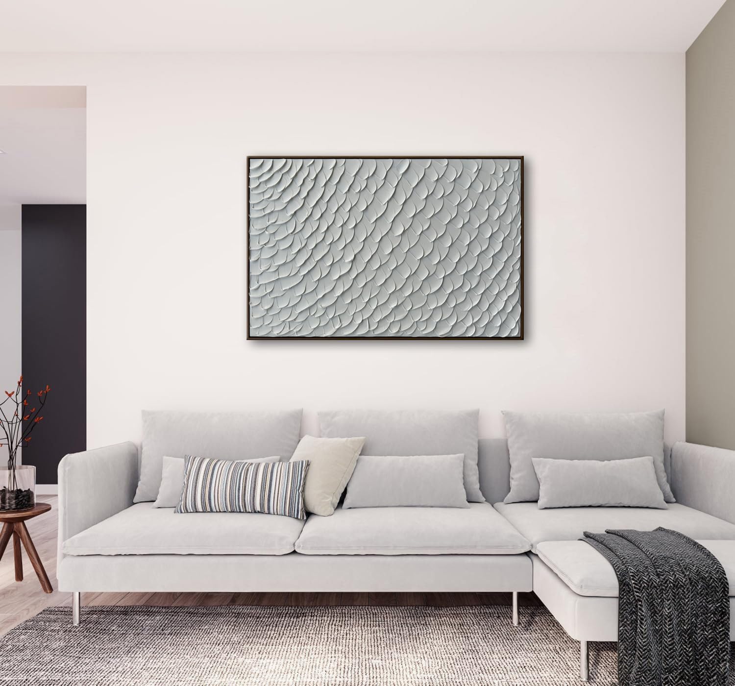 Slyart White Textured Wall Art, Handmade Mermaid Painting Framed Artwork, 3D Vertical Canvas Abstract White Wall Art 24'*36'