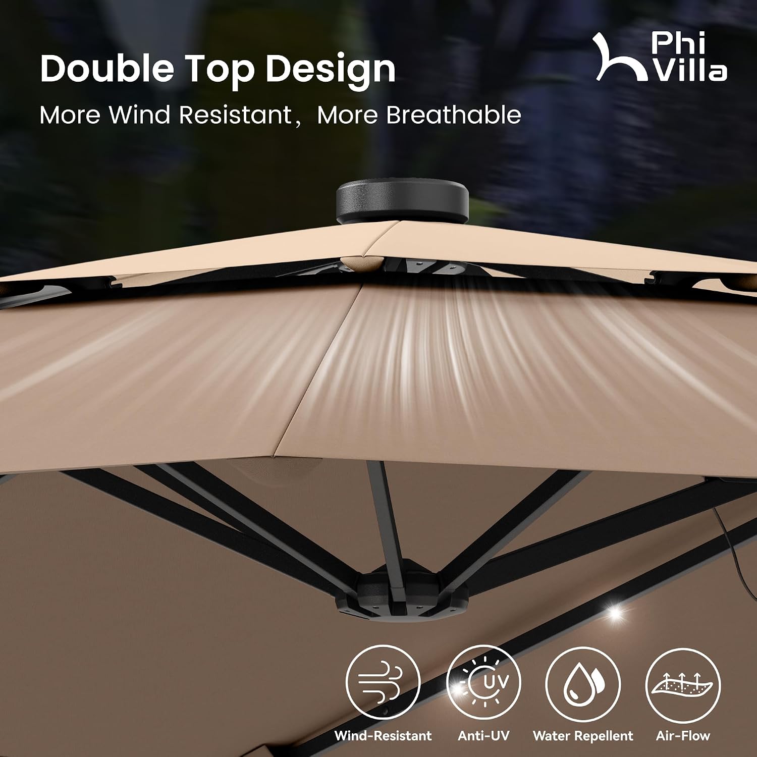 PHI VILLA 15ft 2-Tier Large Patio Umbrella with Solar Lights, Double-Sided Outdoor Market Rectangle Umbrellas with 36 LED Lights, Umbrella Base (Stand) Included, Beige&Tan