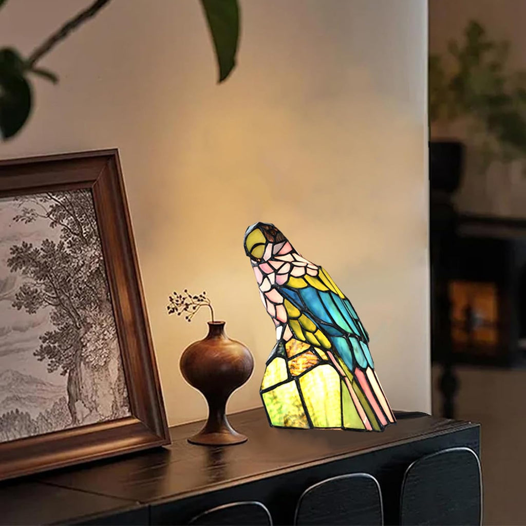 A0023 Tiffany Style Stained Glass Parrot Table Lamp, Handcrafted Colorful Bird Accent Light,W 7.25' x H 11.5' Vintage Desk Lamp for Bedroom Living Room Cafe, LED Bulb Included