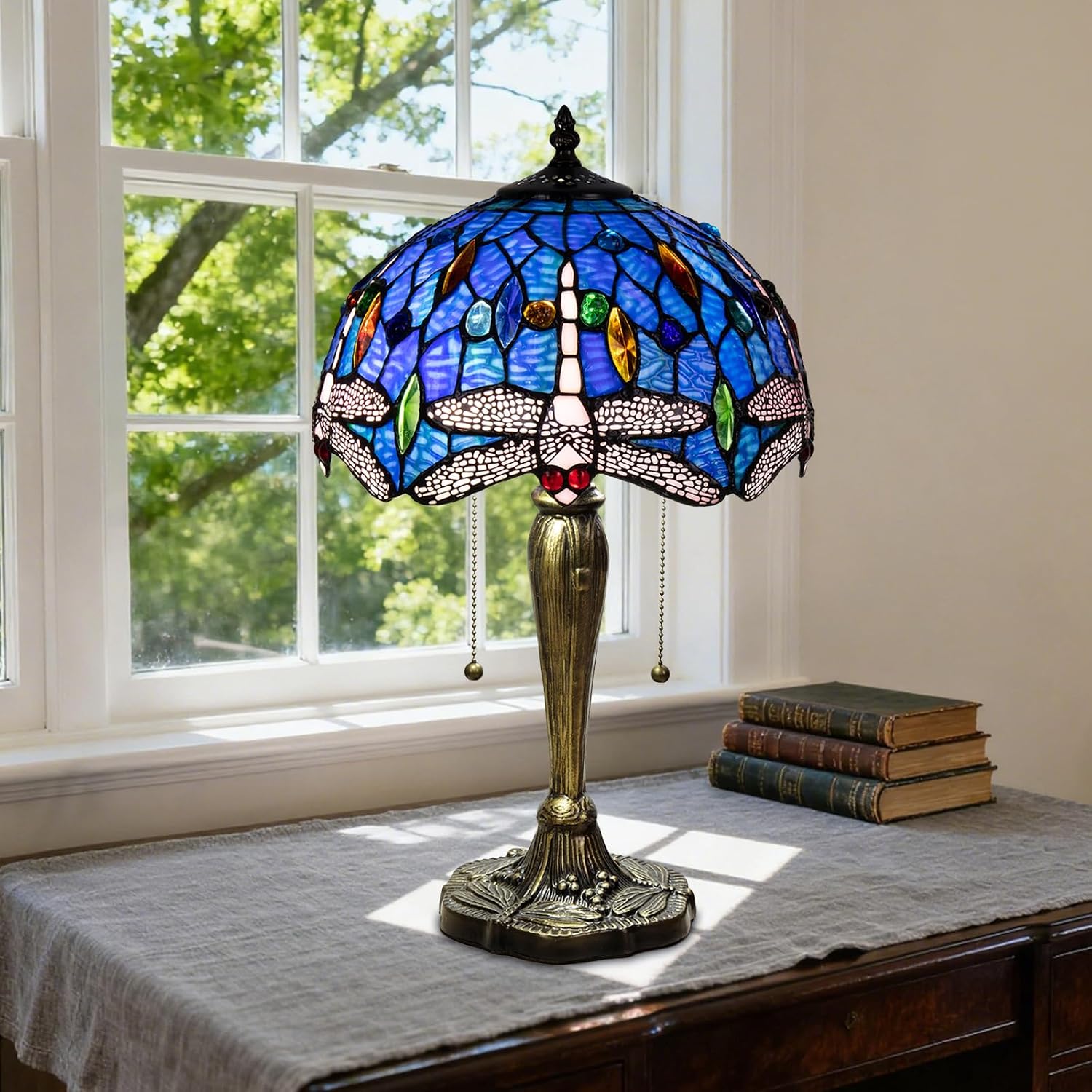 Small Tiffany Table Lamp, Blue Dragonfly Stained Glass Lamp,12 Inch Tiffany Style Lamp for Bedroom Living Room Home, Handcrafted Light, Included Bulb