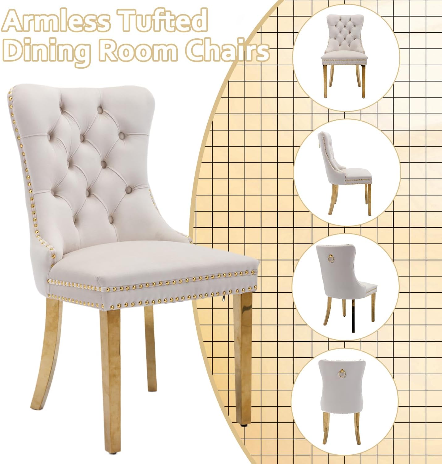 2 Piece Contemporary Velvet Upholstered Dining Chair with Chrome Stainless Steel Plating Legs, Nail Head Decro, Armless Tufted Dining Chair Fabric Dining Room Chair (Beige&Gold, Set of 2)