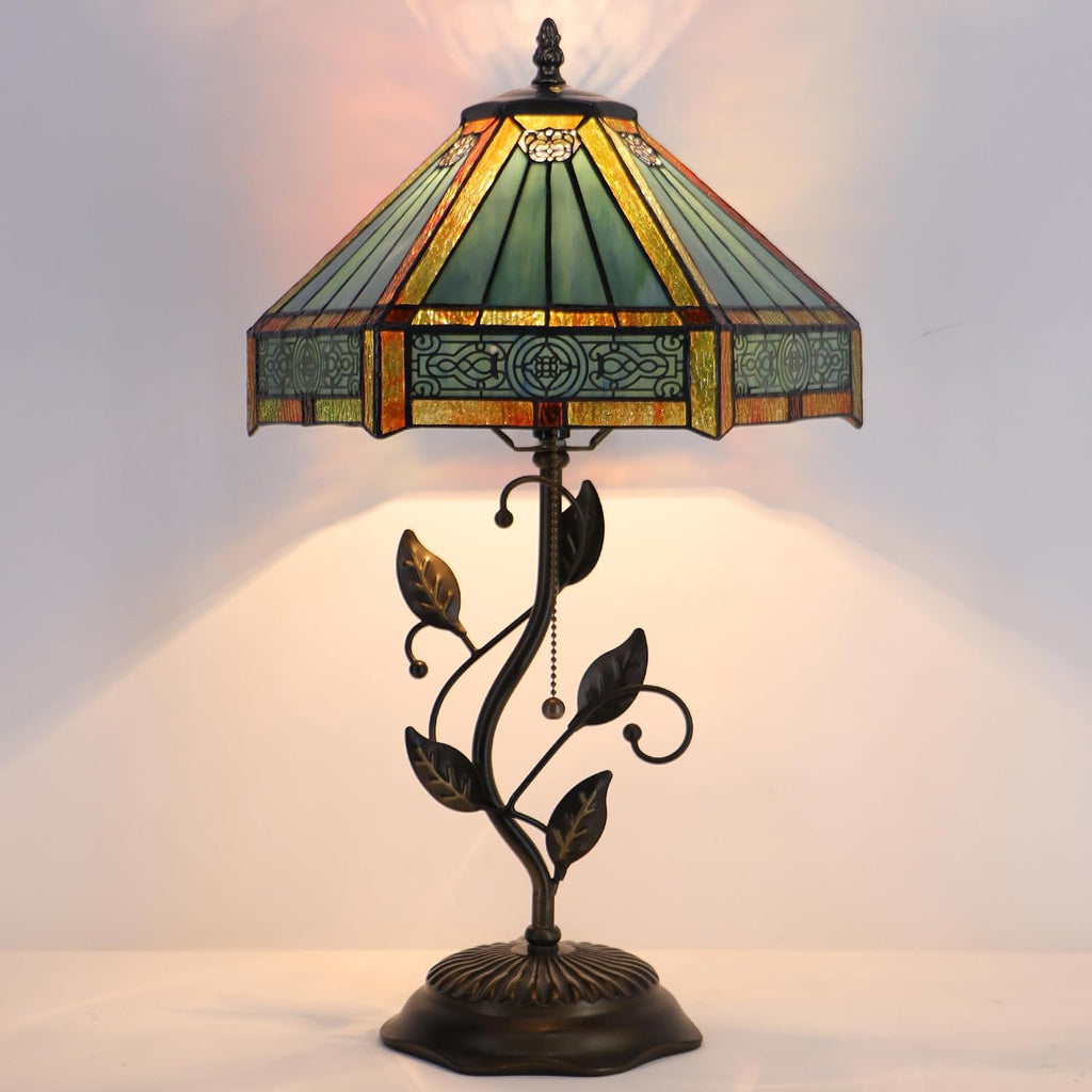 Tiffany Table Lamp Stained Glass Desk Lamp Metal Leaf Base Reading Light 12X19 Inch (Hexagon Mission Style)
