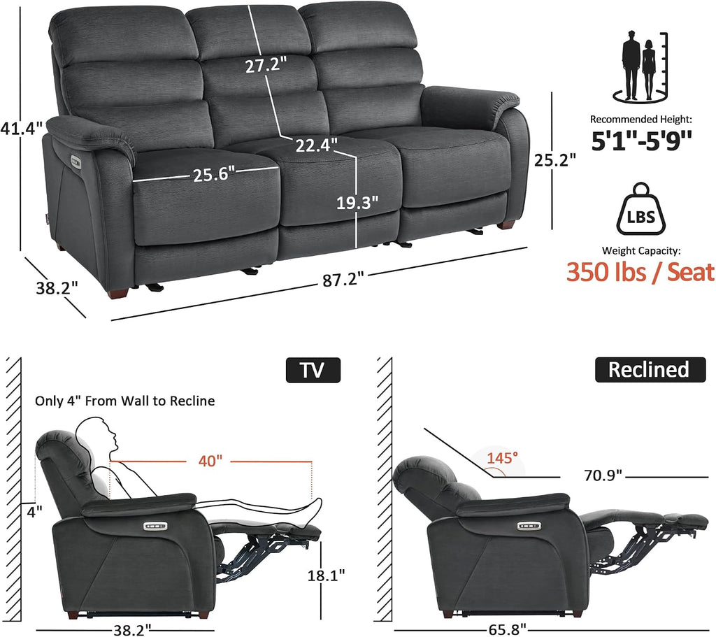 MCombo 87.2'' Wall Hugger Power Recliner Sofa with Drop Down Table, Reclining Sofa with Adjustable Headrest, USB Charge Ports, Reading Lamp, for Living Room, RVs, Fabric, ST258M3 (3-Seater, Dark Grey)