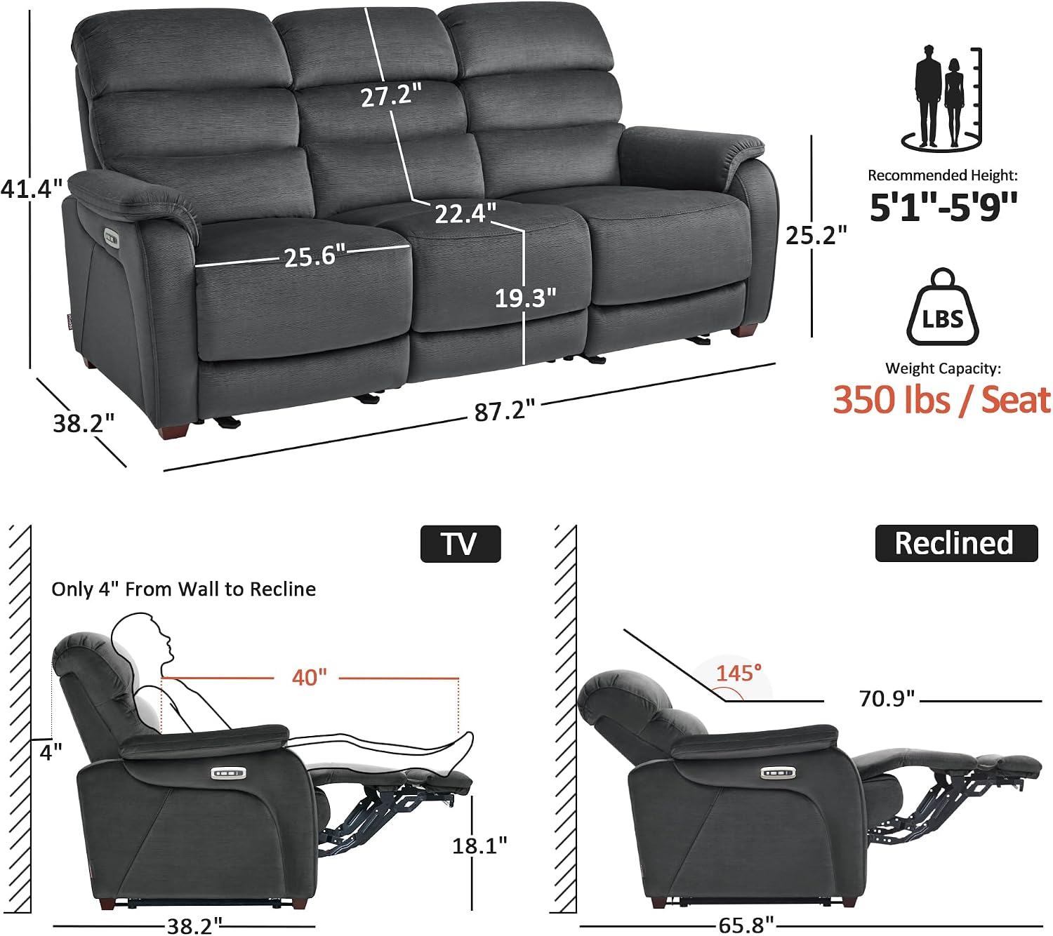 MCombo 87.2'' Wall Hugger Power Recliner Sofa with Drop Down Table, Reclining Sofa with Adjustable Headrest, USB Charge Ports, Reading Lamp, for Living Room, RVs, Fabric, ST258M3 (3-Seater, Dark Grey)