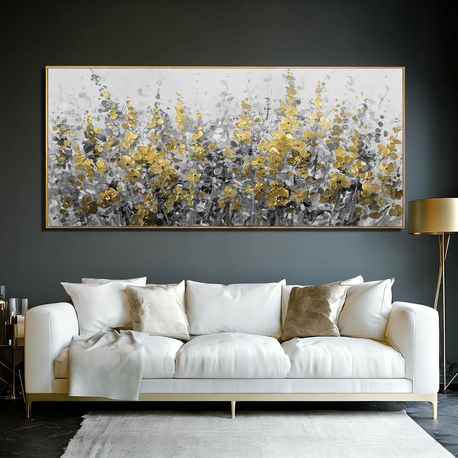 WINKAILIN Black Gold Wall Art Abstract Oil Flower Canvas Grey Painting Modern 32x70 Plant Artwork with Frame for Living Room Office Decoration
