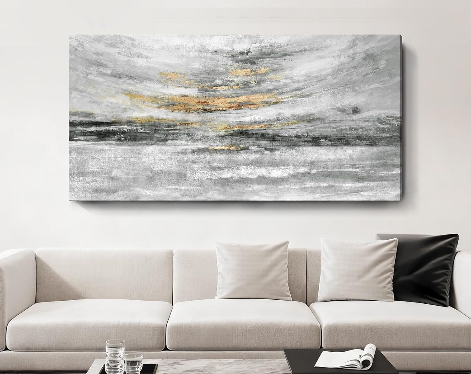 Nicetop 58x29' Modern Minimalist Black & White Abstract Coastal Wall Art with Metallic Gold Accents – Gallery Wrapped Abstract Ocean Waves & Clouds Canvas Art, Ready to Hang for Living Room Wall Decor, Bedroom Wall Art & Office Wall Decor