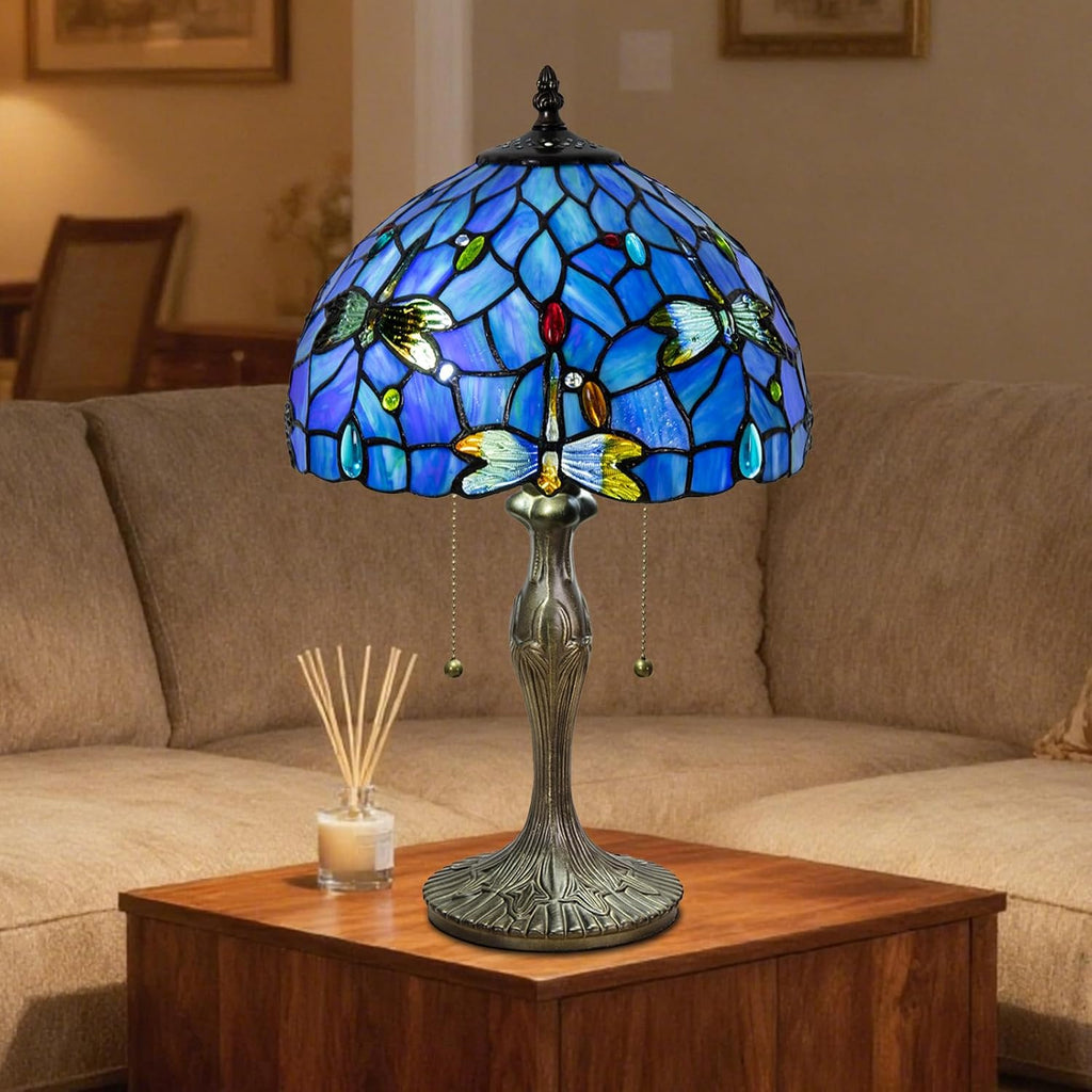 Tiffany Table Lamp, 3 Color-Temperature Dragonfly Stained Glass Lamp,12 Inch Tiffany Style Lamp for Bedroom Living Room Home, Handcrafted Light, Included Bulb (Blue)