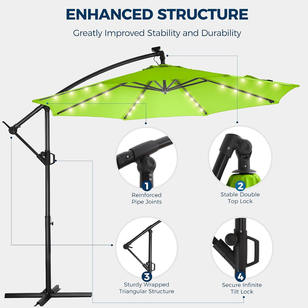 HOMSHADE 10ft Solar Lights Offset Cantilever Patio Umbrella - with Light and Base, LED Lighted Offset Hanging Patio Outdoor Market Umbrella UPF50+ UV Protection with Easy Tilt and Crank (Apple Green)