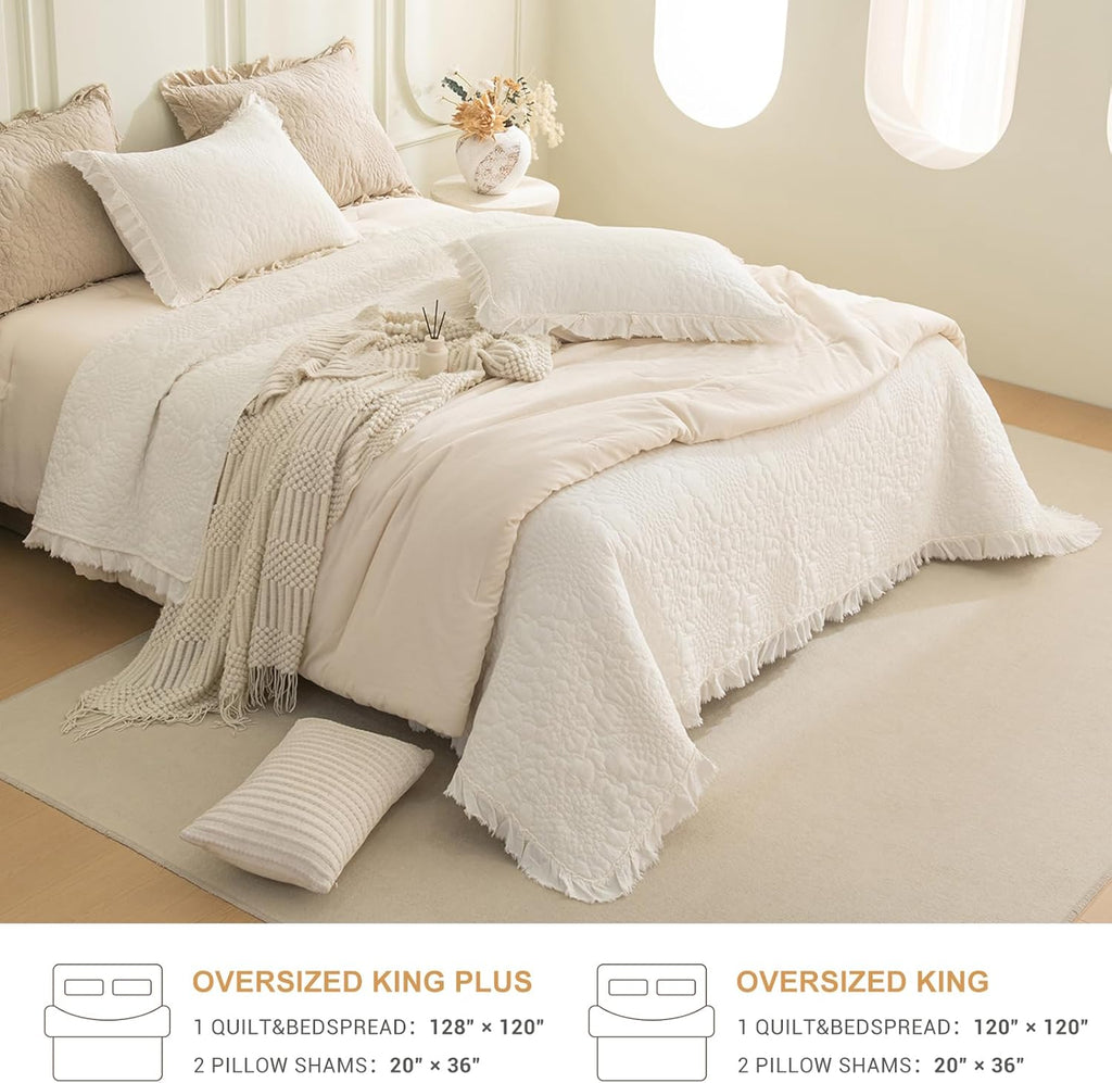 QSH Milk White Stonewashed Cotton Oversized King Quilt Bedspread Set(128'x120'),3PCs Farmhouse Ruffled Bedspread California King, Soft Lightweight Shabby Crinkled Quilt Coverlet Bed with Pillow Shams