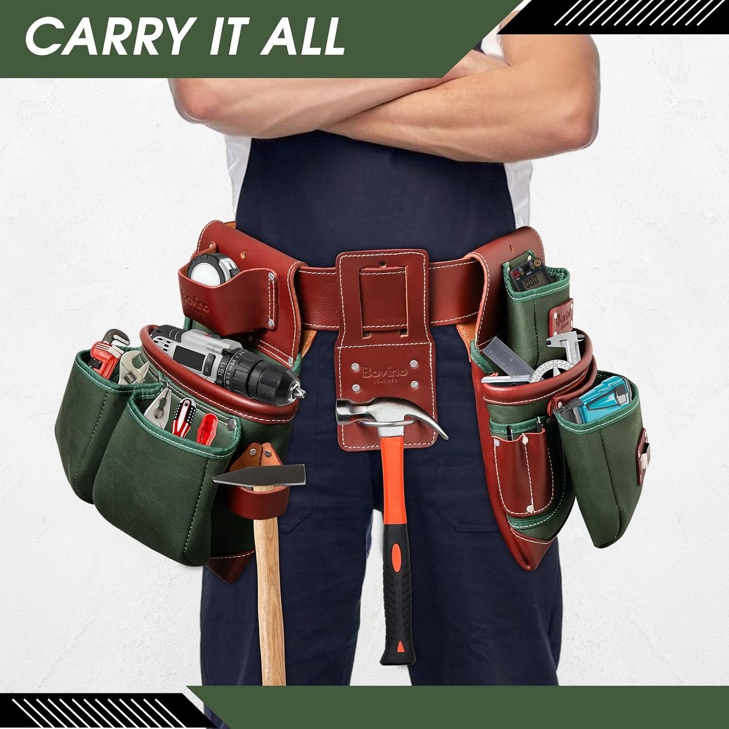 Nylon and Leather Tool Belt | 21-Pockets, Heavy-Duty Framers Belt | Tool Pouches & Hammer Holder | Full-Grain Leather | Work Belt for Carpenters | Roofers | Drywall | Electricians