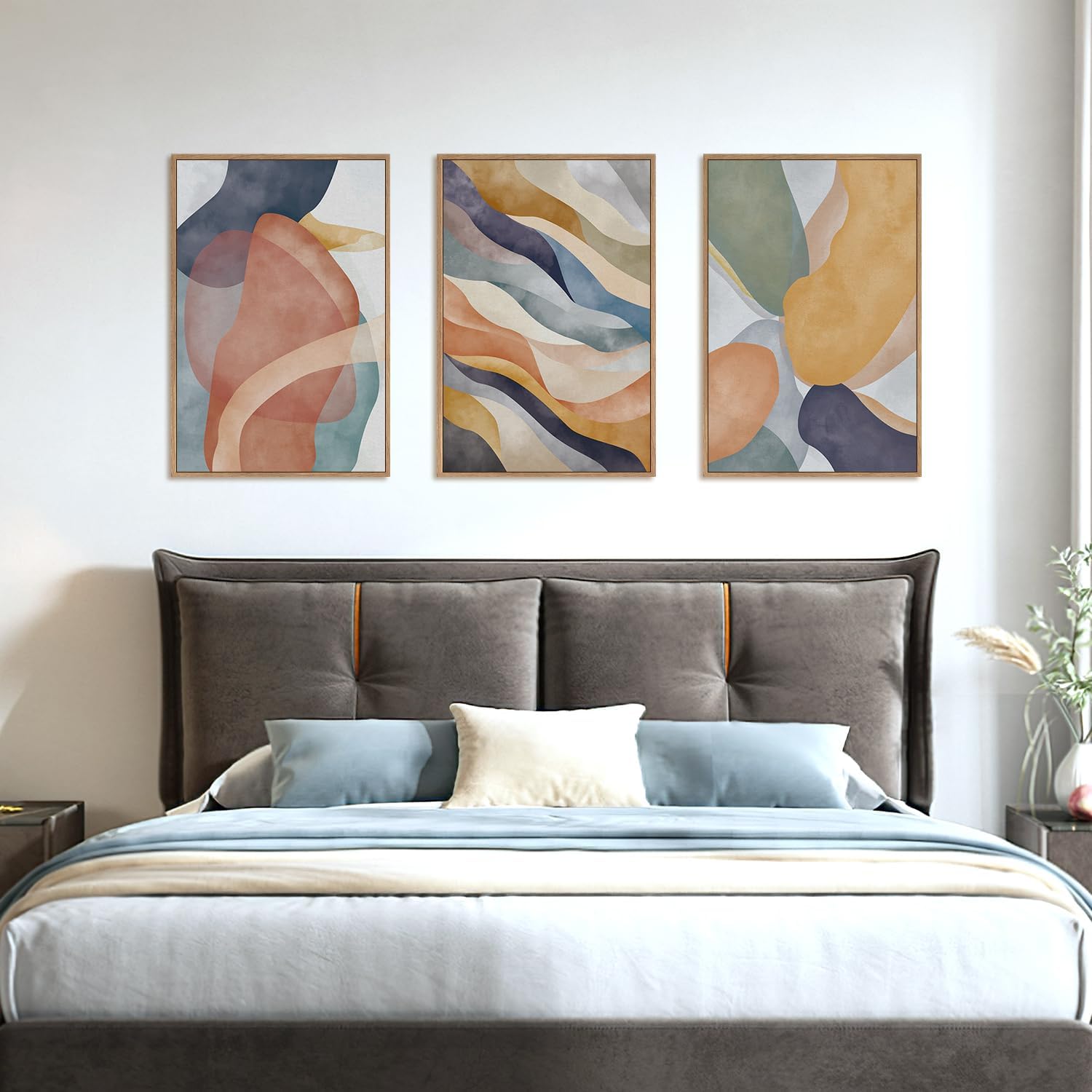 LHIUEM Large Abstract Neutral Framed Canvas Wall Art Set,Colorful Watercolor Block Wall Decor,Boho Geometric Illustrations Artwork for Living Room,Bedroom,Dining Room,Office - 24'x36'x3