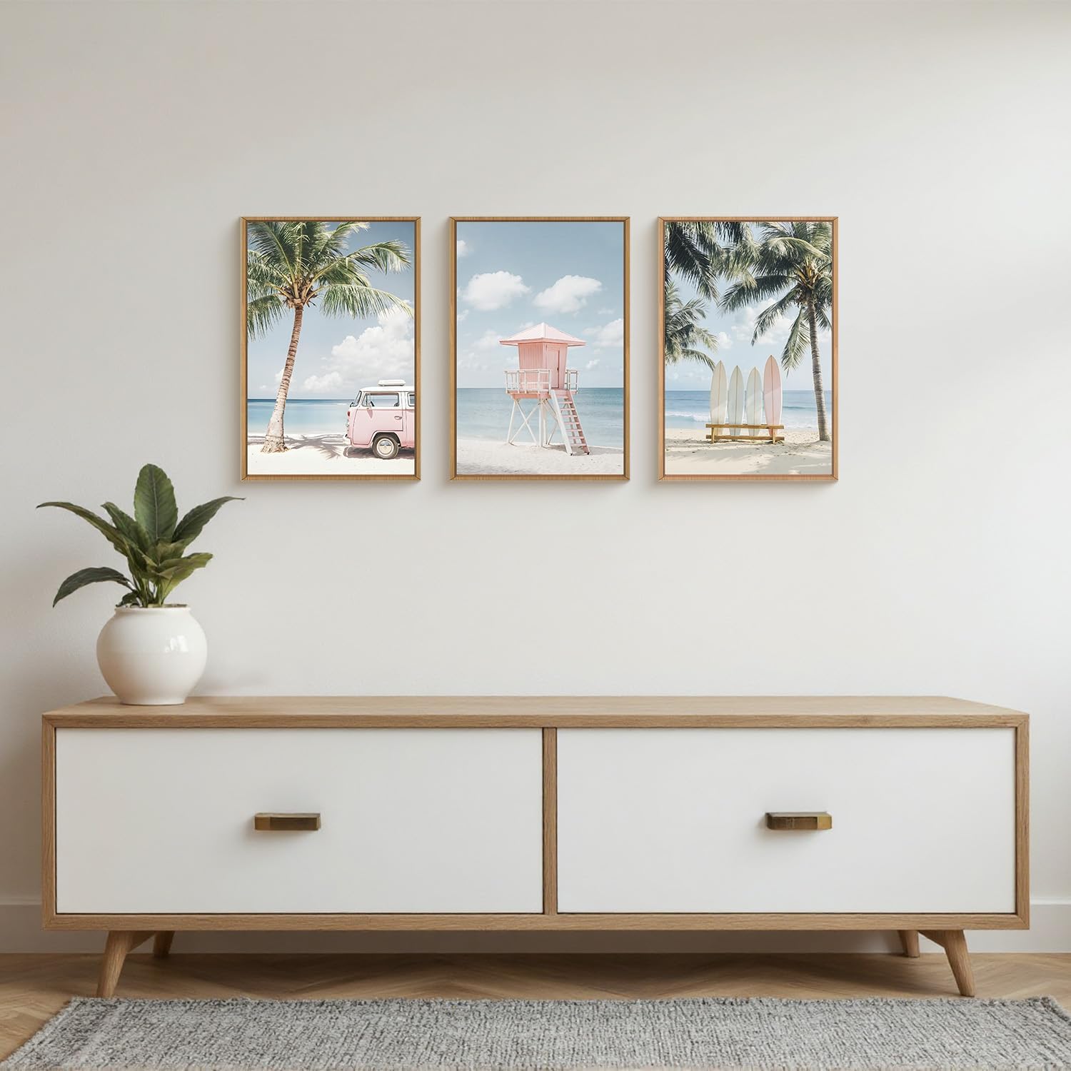Celestdeco Large Beach Seascape Ocean Framed Canvas Wall Art Set,Modern Coastal Surfboard Palm Tree Wall Decor,Summer Pink Van Artwork for Living Room,Bedroom,Dining Room,Office-24 x36 x3