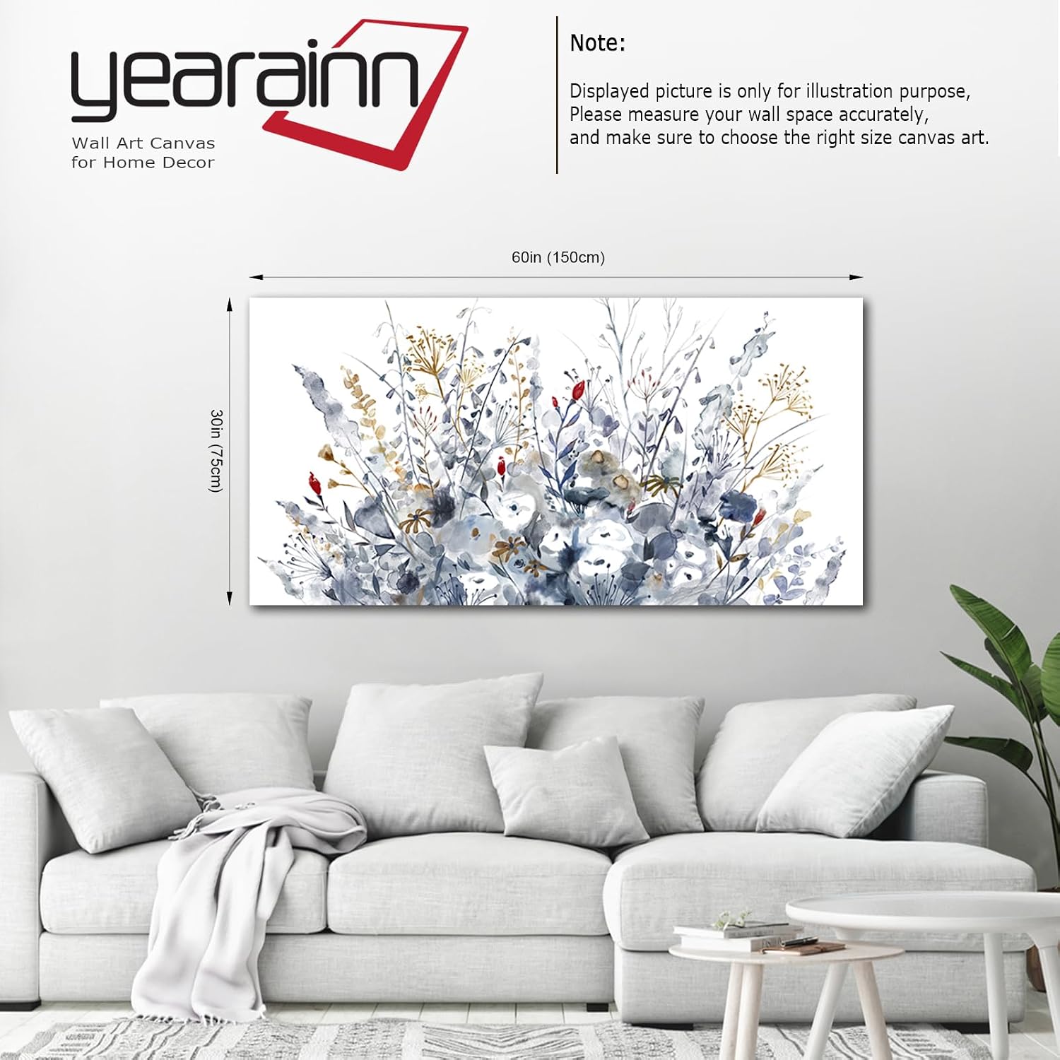 Flowers Canvas Wall Art for Living Room Wall Decor Indigo Floral Canvas Painting Watercolor Plants Pictures Vintage Botanical Flower Canvas Artwork for Bedroom Office Home Wall Decorations 29' x 58'