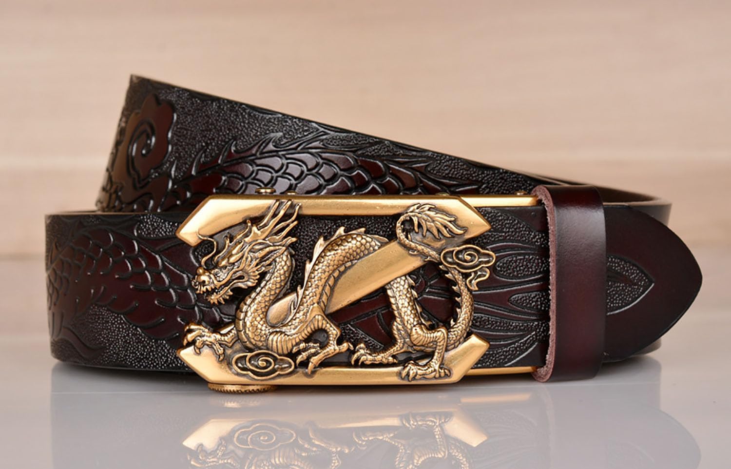 Mens Ratchet Leather Belt, Genuine Leather belts, Engraved Vintage Dragon Eagle Tiger Buckle, Business leisure belt
