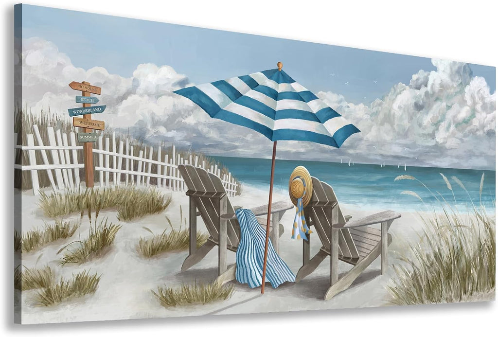 Shoci Summer Beach Wall Art - Large Blue Sky White Cloud Canvas Picture for Living Room Ocean Beach Painting Print Decor Peaceful Sea Life Artwork Wall Art for Bedroom Home Office Decoration 29' X 58'