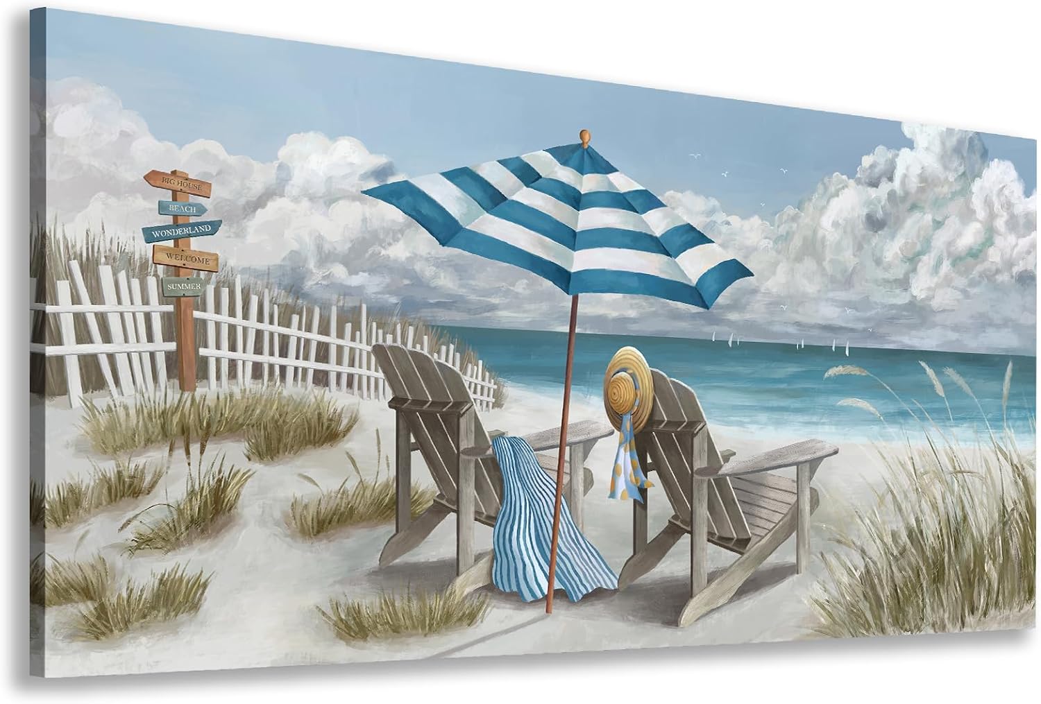 Shoci Summer Beach Wall Art - Large Blue Sky White Cloud Canvas Picture for Living Room Ocean Beach Painting Print Decor Peaceful Sea Life Artwork Wall Art for Bedroom Home Office Decoration 29' X 58'