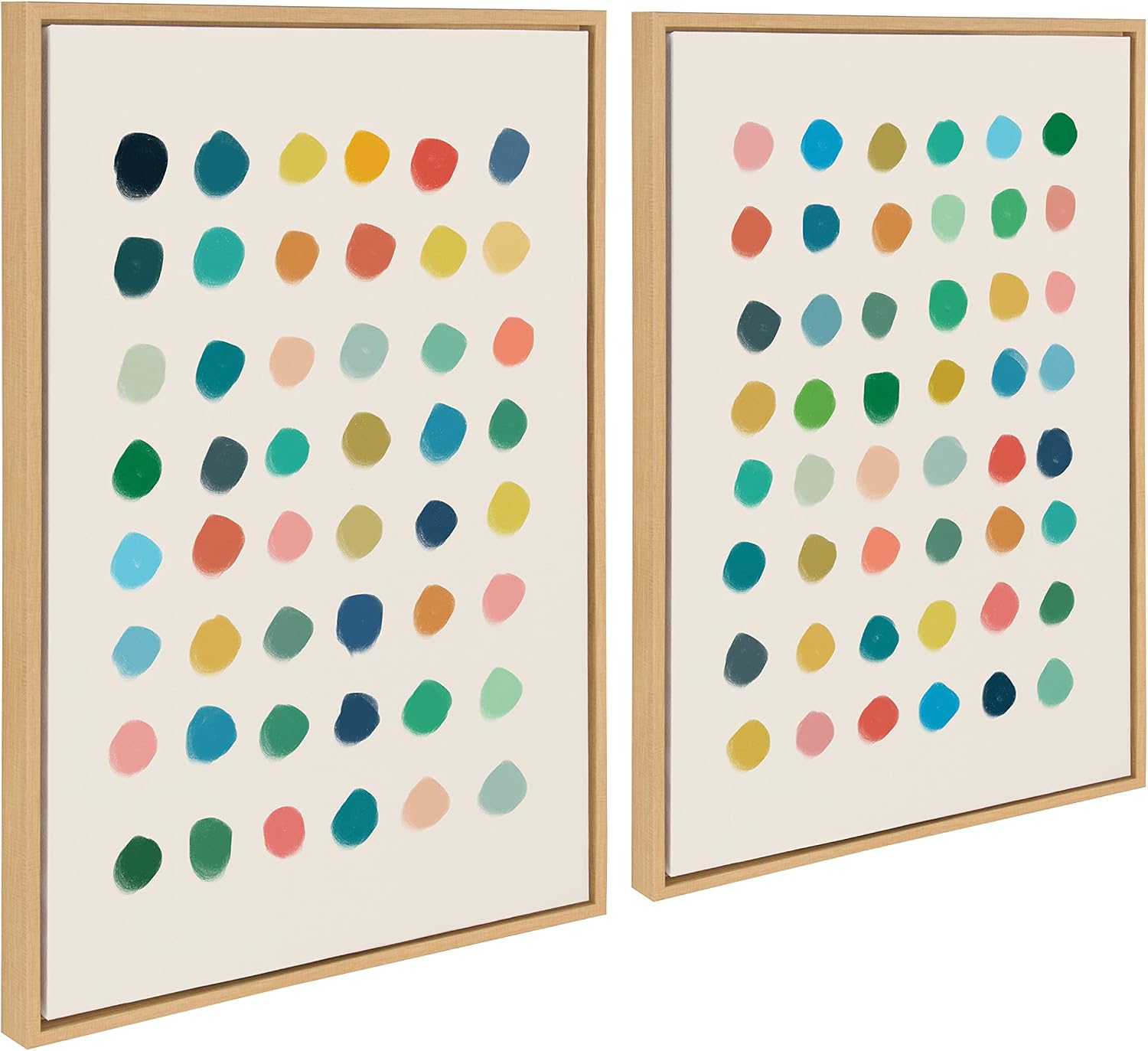 Kate and Laurel Sylvie Meditation 1 and 2 Framed Canvas Wall Art Set by Kelly Knaga; 2 Piece 23x33 Natural; Modern Abstract Colorful Polka Dot Art Set for Wall Home Decor