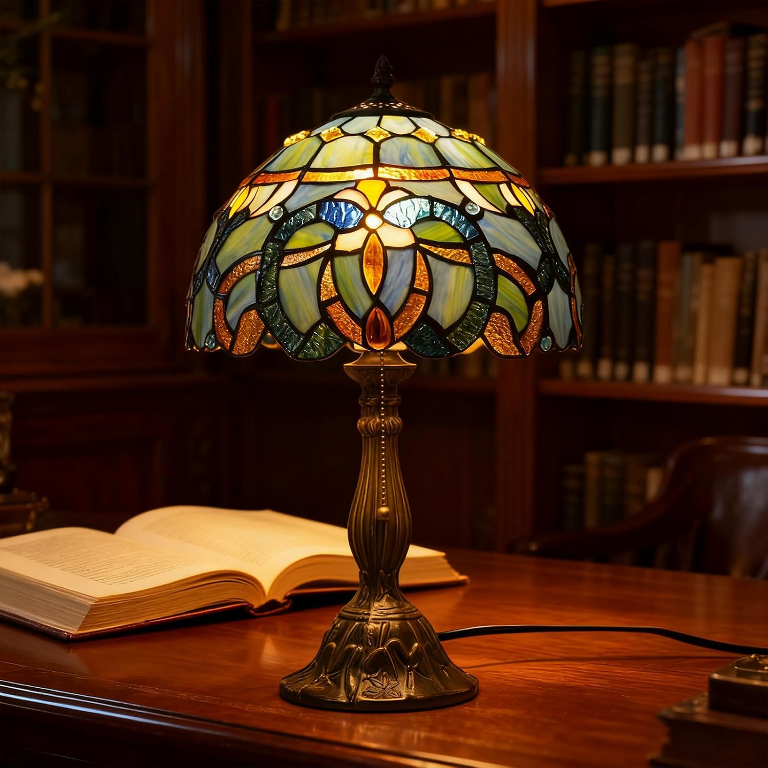 MOAN Lamp Stained Glass Table Lamp 12X12X19 Inch Bedside Reading Light Antique Bronze Base(Blue Baroque Style)