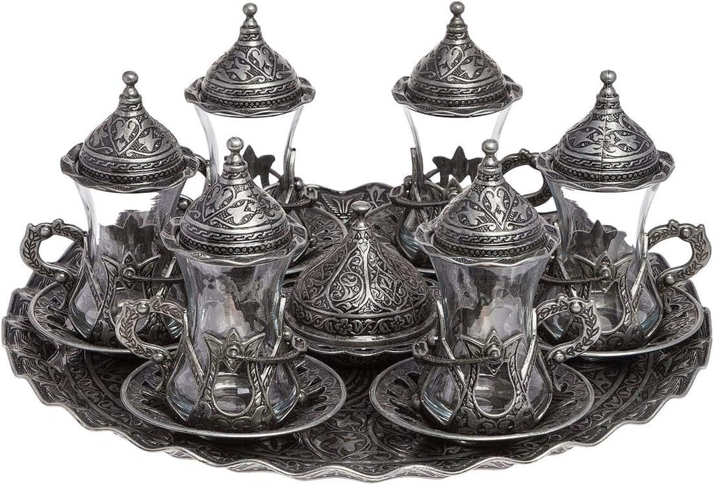 Alisveristime Handmade Turkish Tea Water Zamzam Serving Set Glasses Saucer, Tray and Spoon (Authentic Black)