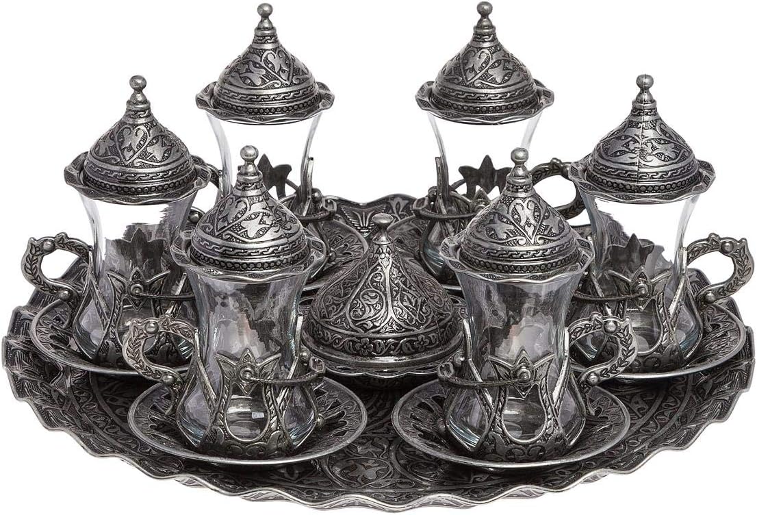 Alisveristime Handmade Turkish Tea Water Zamzam Serving Set Glasses Saucer, Tray and Spoon (Authentic Black)