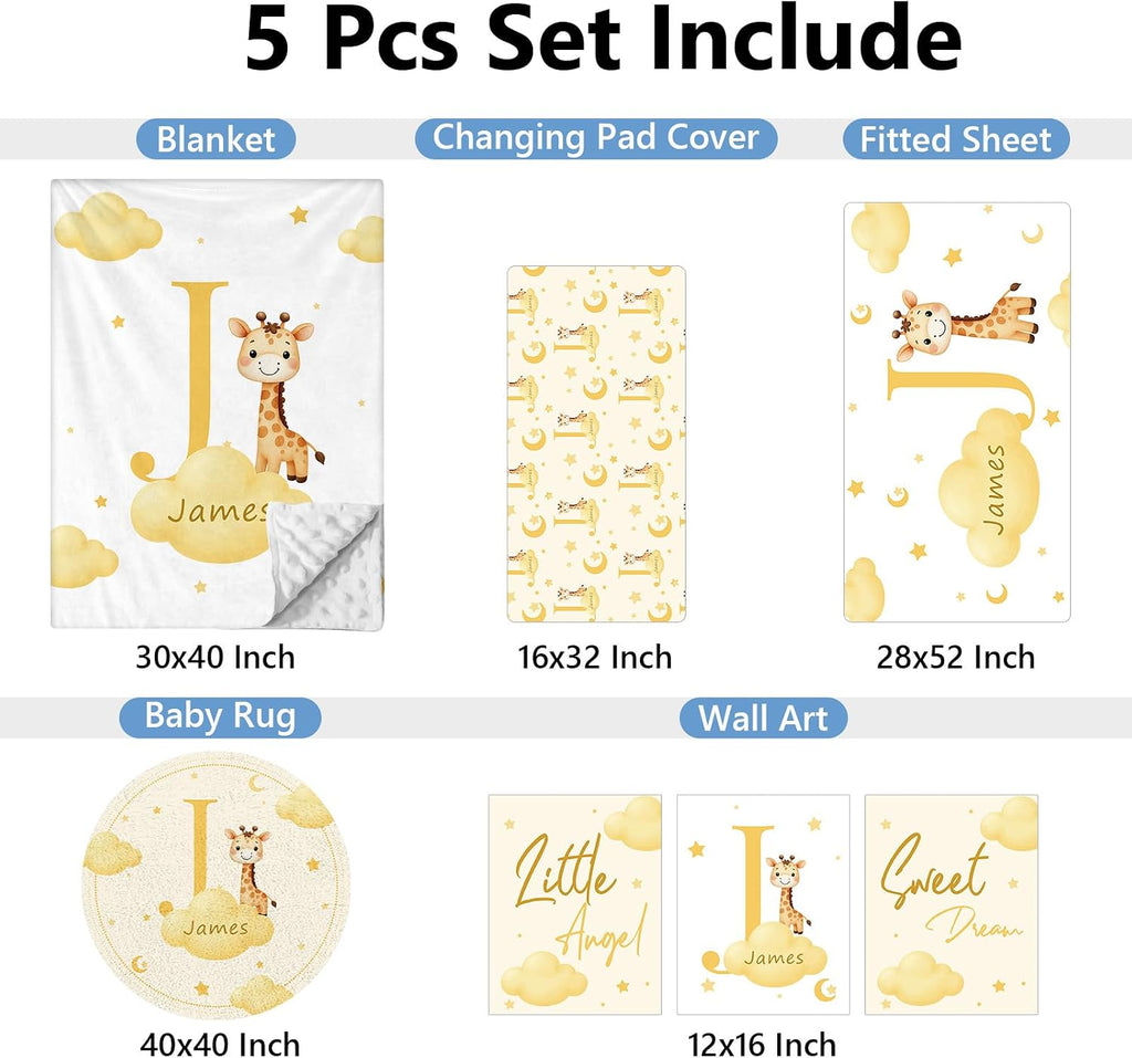 KAINSY Custom Crib Bedding Set, 5 Pcs Personalized Name Monogram Baby Crib Sets for Infants Toddlers, Yellow Giraffe Nursery Bedding Set for Boys Girls, Double Layer Baby Bedding Sets Customized Gifts