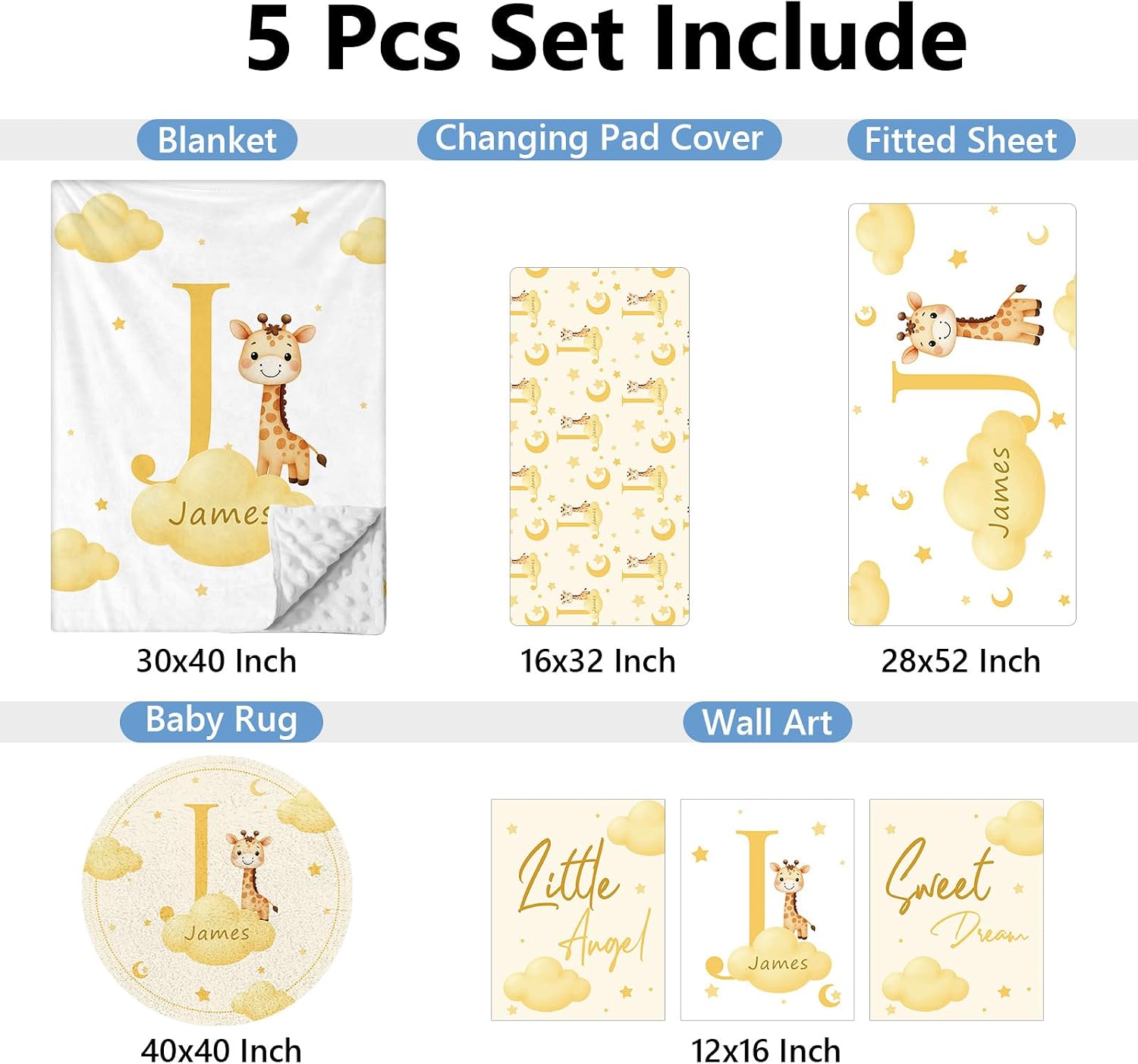 KAINSY Custom Crib Bedding Set, 5 Pcs Personalized Name Monogram Baby Crib Sets for Infants Toddlers, Yellow Giraffe Nursery Bedding Set for Boys Girls, Double Layer Baby Bedding Sets Customized Gifts