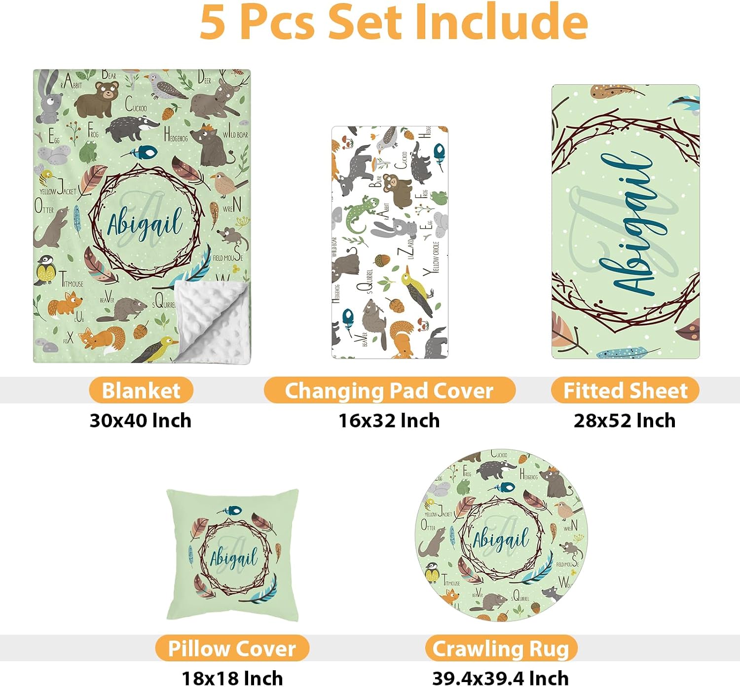 Custom Baby Crib Bedding Set - 5 Piece Nursery Crib Set Woodland Animals Design - Personalized Name Blanket with Dotted Backing, Crib Sheet, Changing Pad Cover, Pillow Cover, Rug for Newborns Color03
