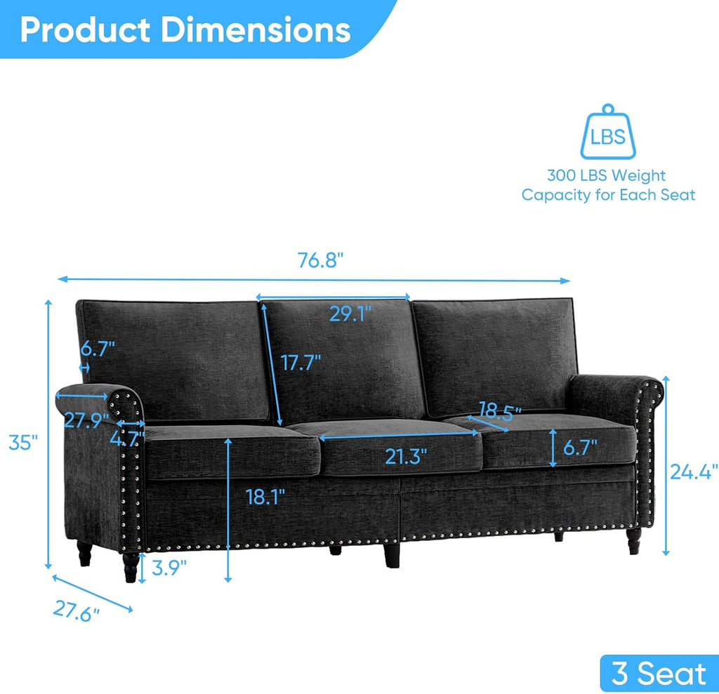 Mjkone 76' Chenille Sofa Couch, 3-Seater Living Room Sofa with Wood Frame, Gourd Shape Wood Legs, 6.7' Thickened Soft Cushion, Rivet Design, Mid Century Modern Couch for Small Spaces, Apartment, Black
