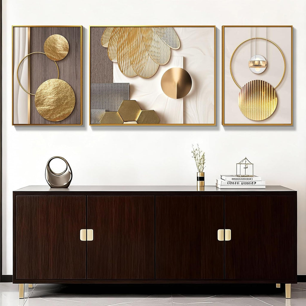 Azartslr Large Framed Modern Rose Gold Wall Art, Luxury 3 Pieces Aluminum Alloy Wall Decor for Living Room, Abstract Gold and Beige Home Bedroom Art Painting, Geometric Crystal Porcelain Artwork Dining Room Pictures Decoration