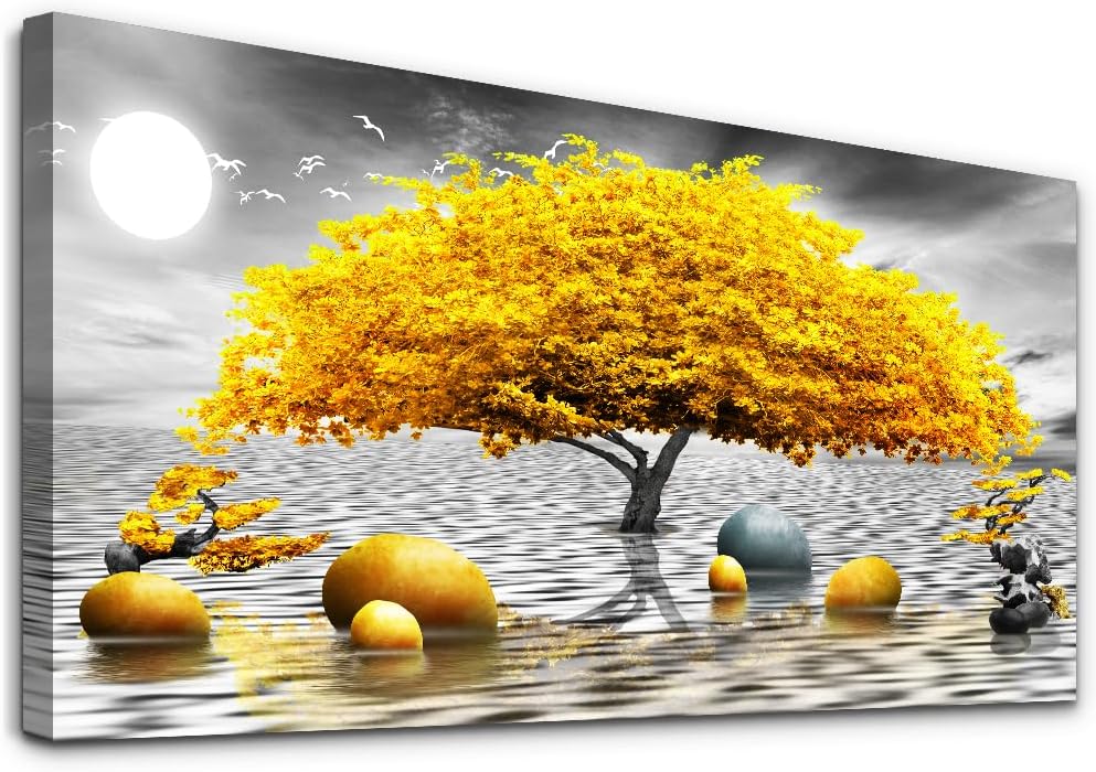 MHARTK66 Wall Decorations For Living Room Canvas Wall Art For Bedroom Abstract Wall Decor Black And White Canvas Art Yellow Tree Paintings Bathroom Home Decoration Hang Pictures Office Large Artworks