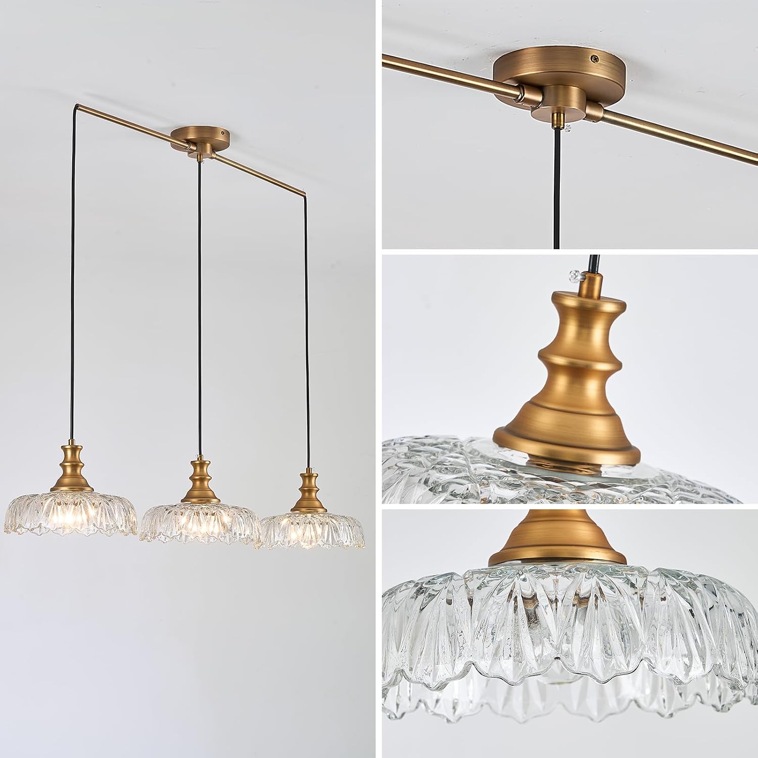 HDDFL Vintage Pendant Lighting Fixtures Modern Glass Hanging Lamp with Adjustable Cord for Kitchen Island Dining Room Hallway 3 Light Brass and Clear