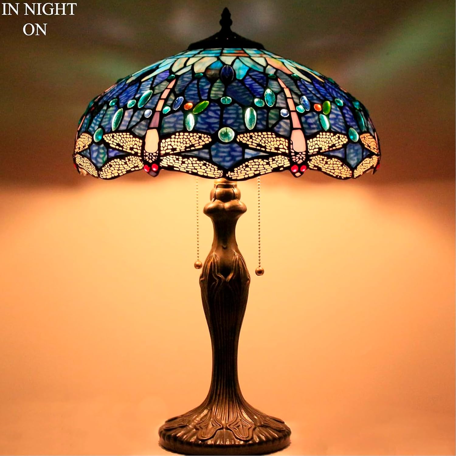 WERFACTORY Tiffany Lamp Blue Stained Glass Dragonfly Style Bedside Table Lamp 16X16X24 Inch Desk Reading Light Metal Base Decor Bedroom Living Room Home Office S631 Series