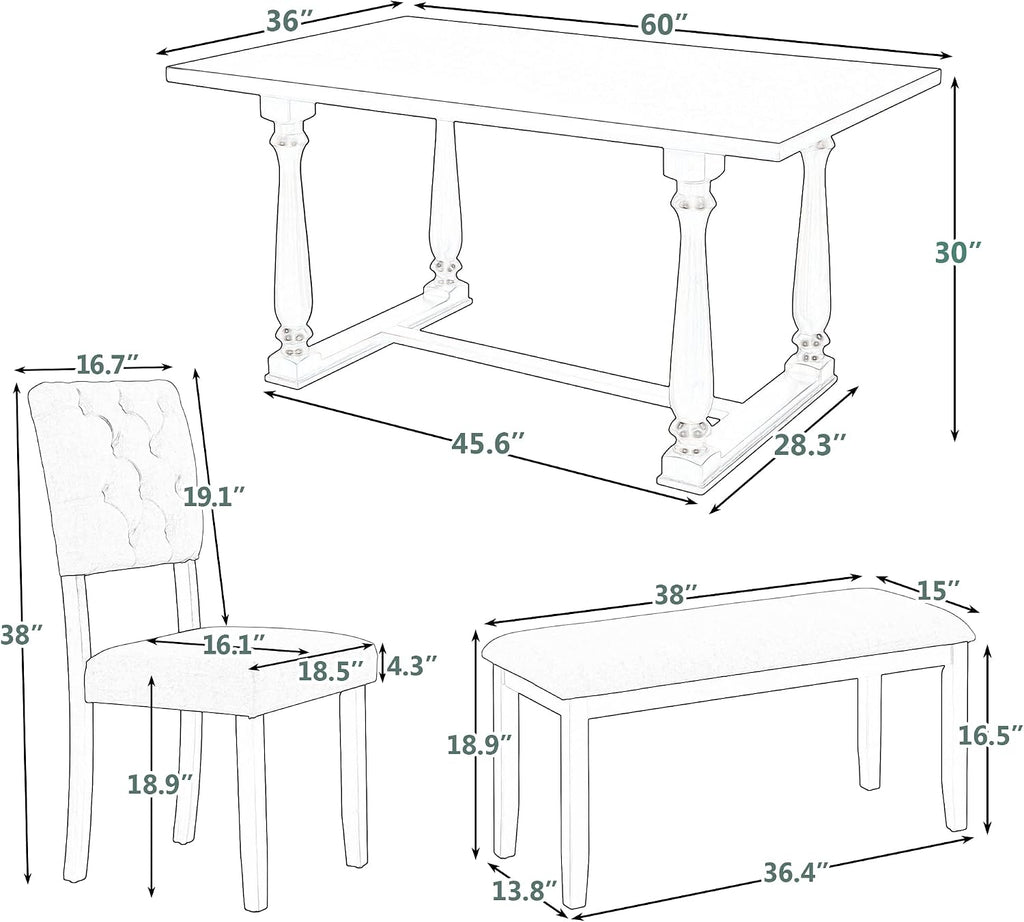 Retro 6-Piece Kitchen Dining Table Set with Comfortable Upholstery Chairs and Bench, Solid Wood Dining Table with Special-Shaped Legs, Suitable for Family Use (Gray-Comfort)