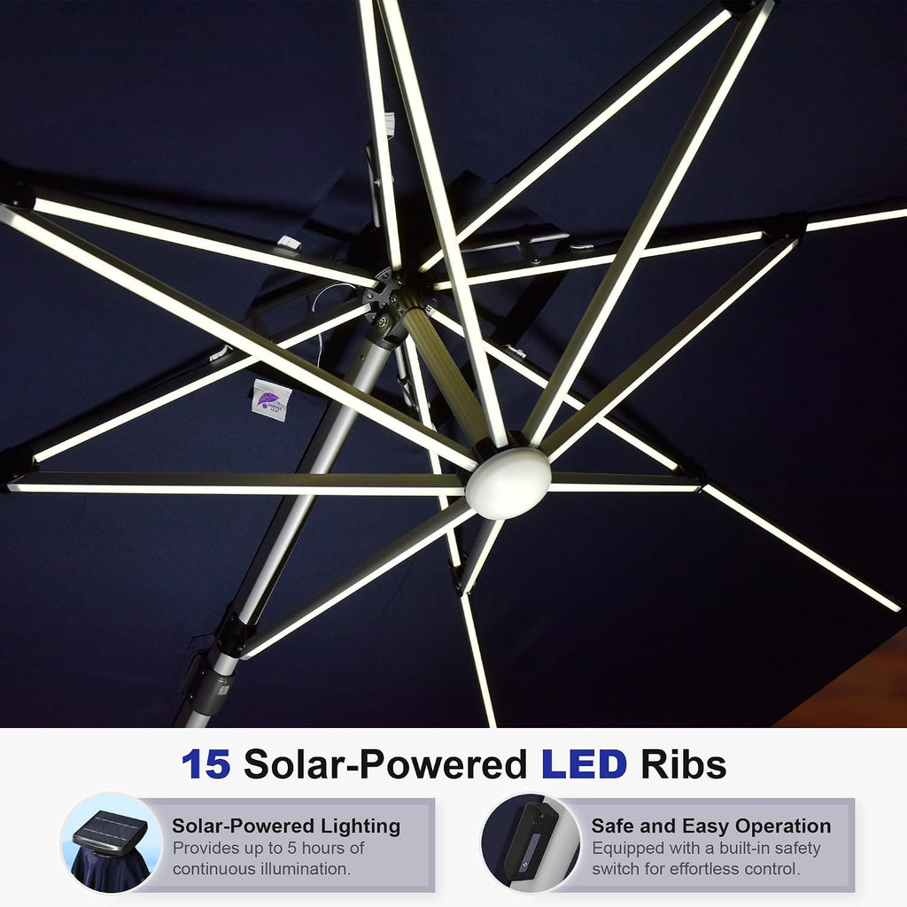 PURPLE LEAF 13ft Patio Umbrella with Lights Outdoor Round Large Cantilever Umbrella Solar Powered LED Windproof Offset Umbrella Heavy Duty for Garden Deck Pool Patio, Navy Blue