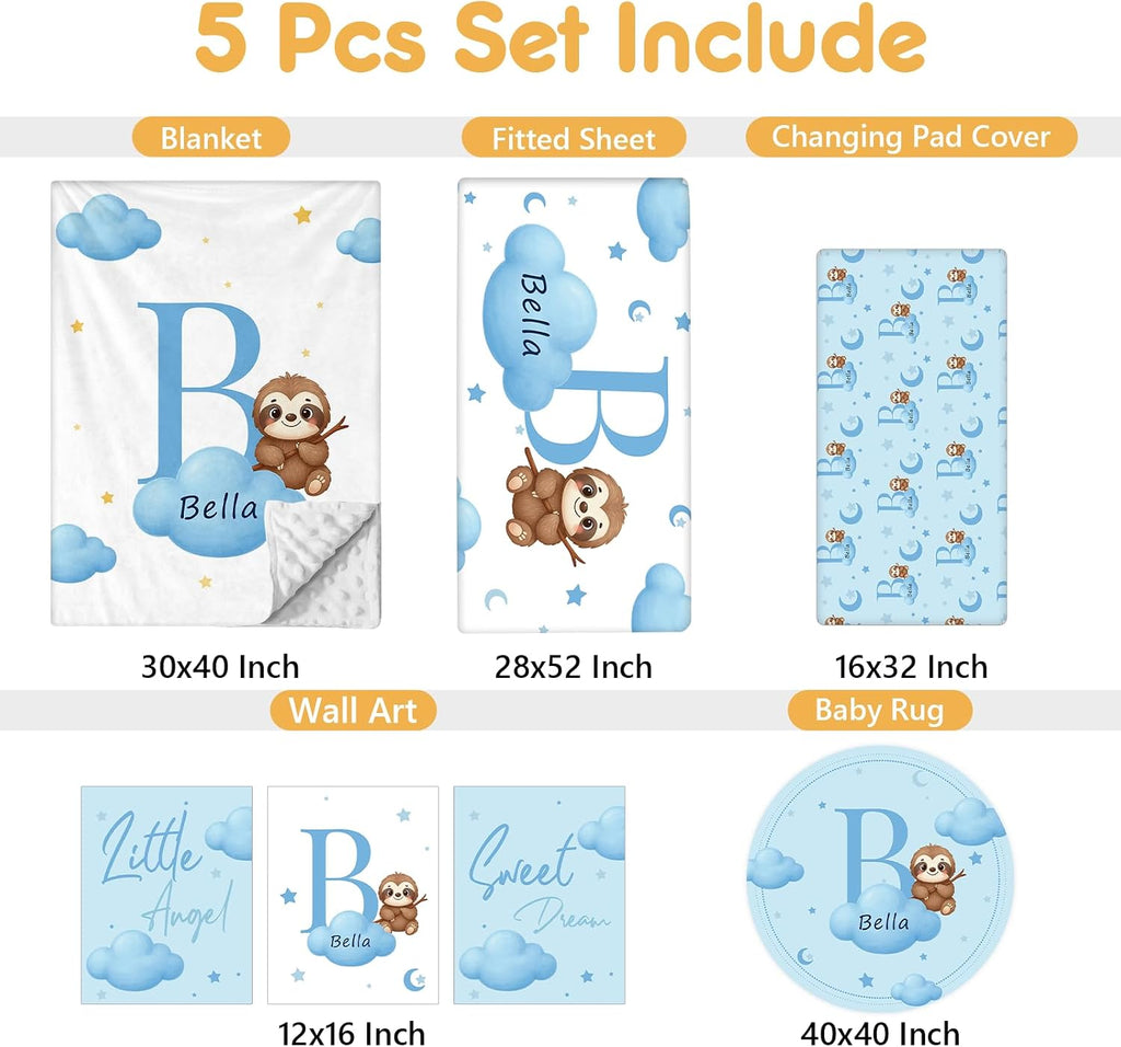Terwex Personalized Baby Bedding Set, 5 Pcs Custom Baby Crib Sets with Name, Toddler Bedding Set for Baby Girls Boys, Blue Sloth Double Layer Nursery Bedding Set, Customized Gifts for Infants Kids