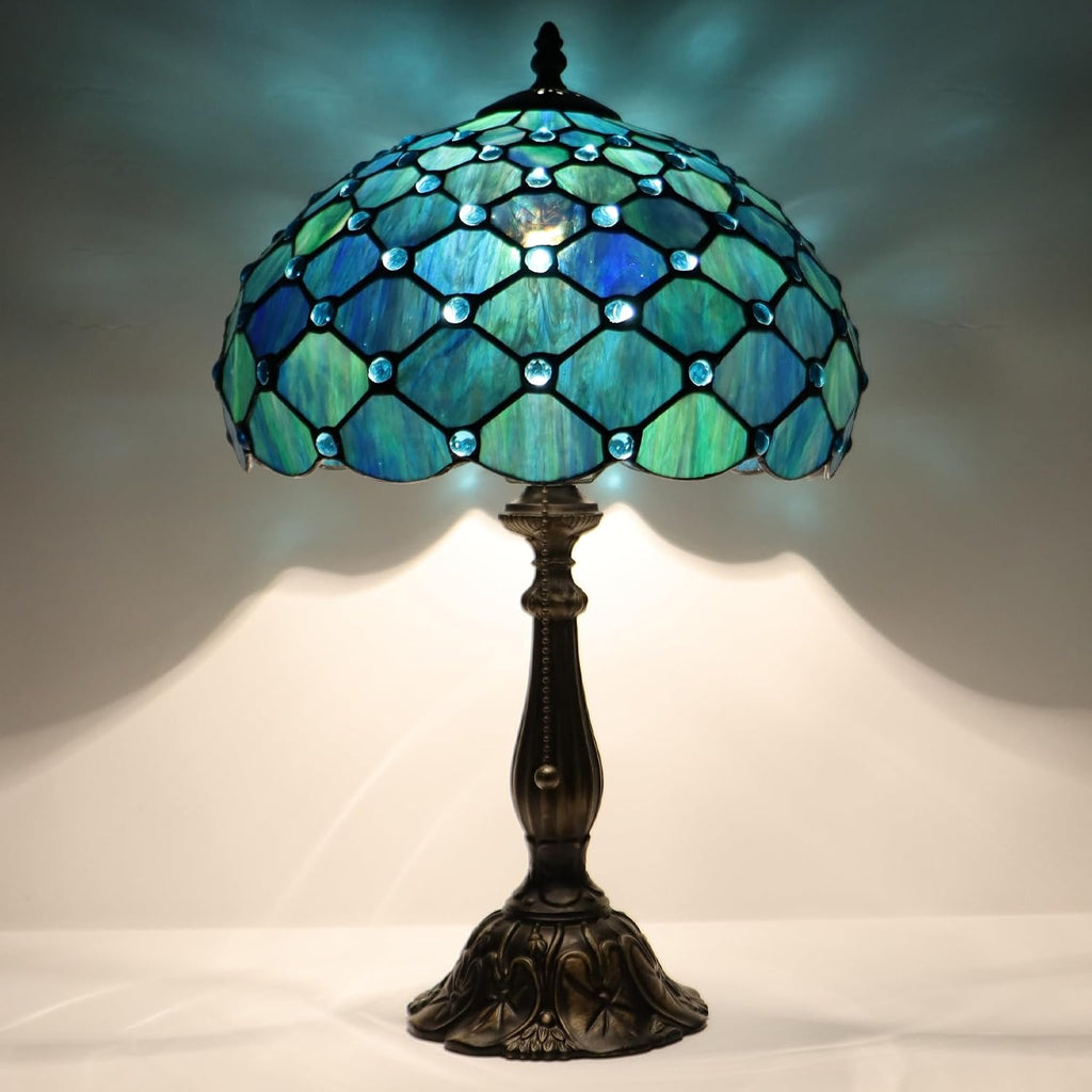 Tiffany Lamp Stained Glass Table Lamp Bedside Reading Light W12H19 Inches (Sea Blue Pearl Style)