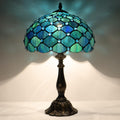 Tiffany Lamp Stained Glass Table Lamp Bedside Reading Light W12H19 Inches (Sea Blue Pearl Style)