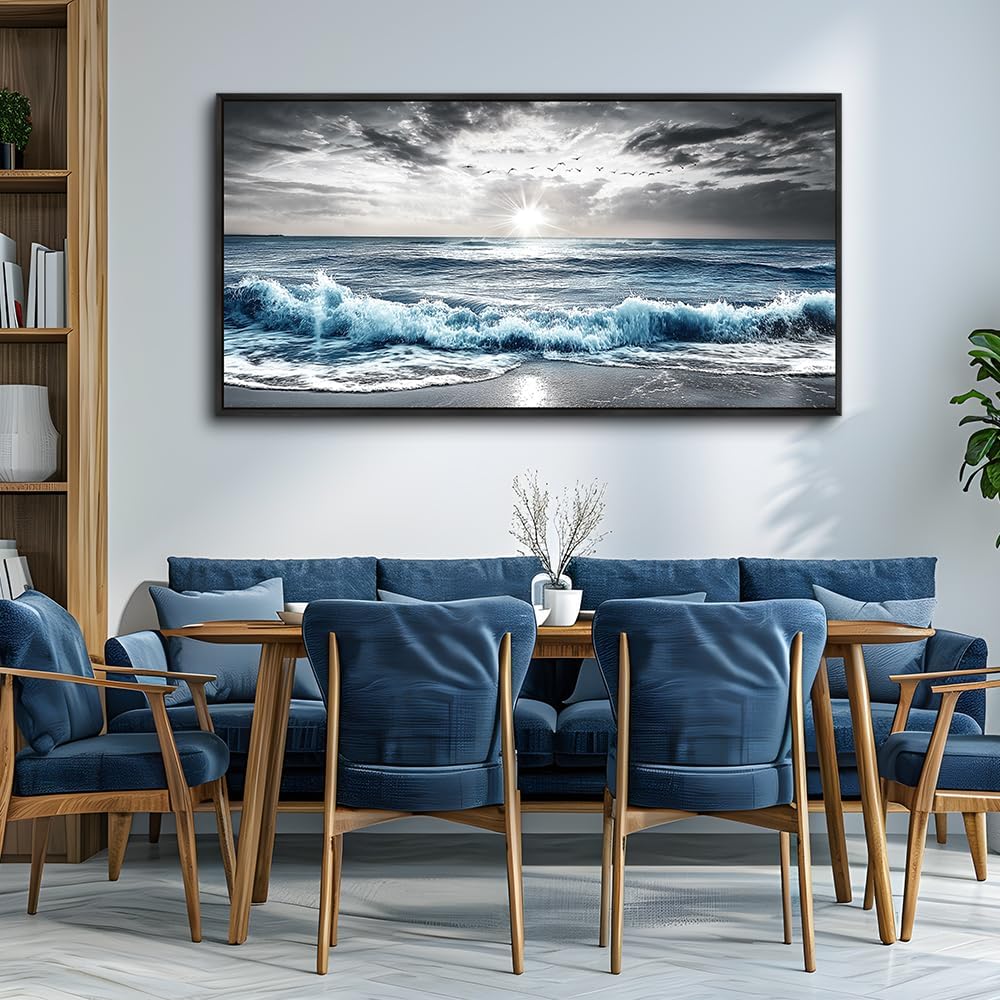 KELIYUAN Large Canvas Wall Decor For Living Room Wall Art For Bedroom Office Wall Decorations Black Frame Beach Wave Scenery Pictures Artwork For Modern Stretched and Framed Beach Posters 24'X48'