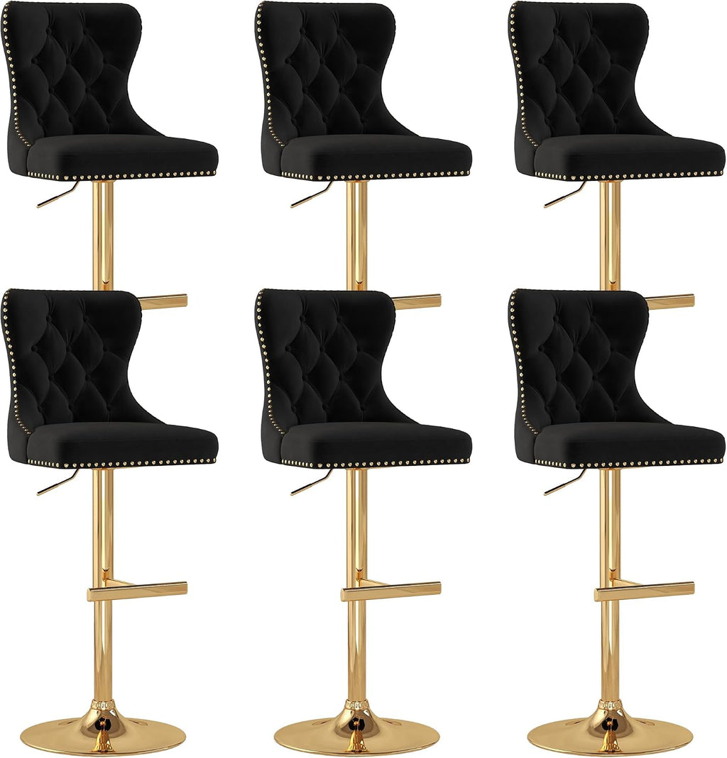 Black Velvet Tufted Barstools Set of 6, Swivel Counter Chairs with Diamond Lattice Back, Height Adjustable Seat with Rivet Trim Metal Pull