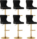Black Velvet Tufted Barstools Set of 6, Swivel Counter Chairs with Diamond Lattice Back, Height Adjustable Seat with Rivet Trim Metal Pull