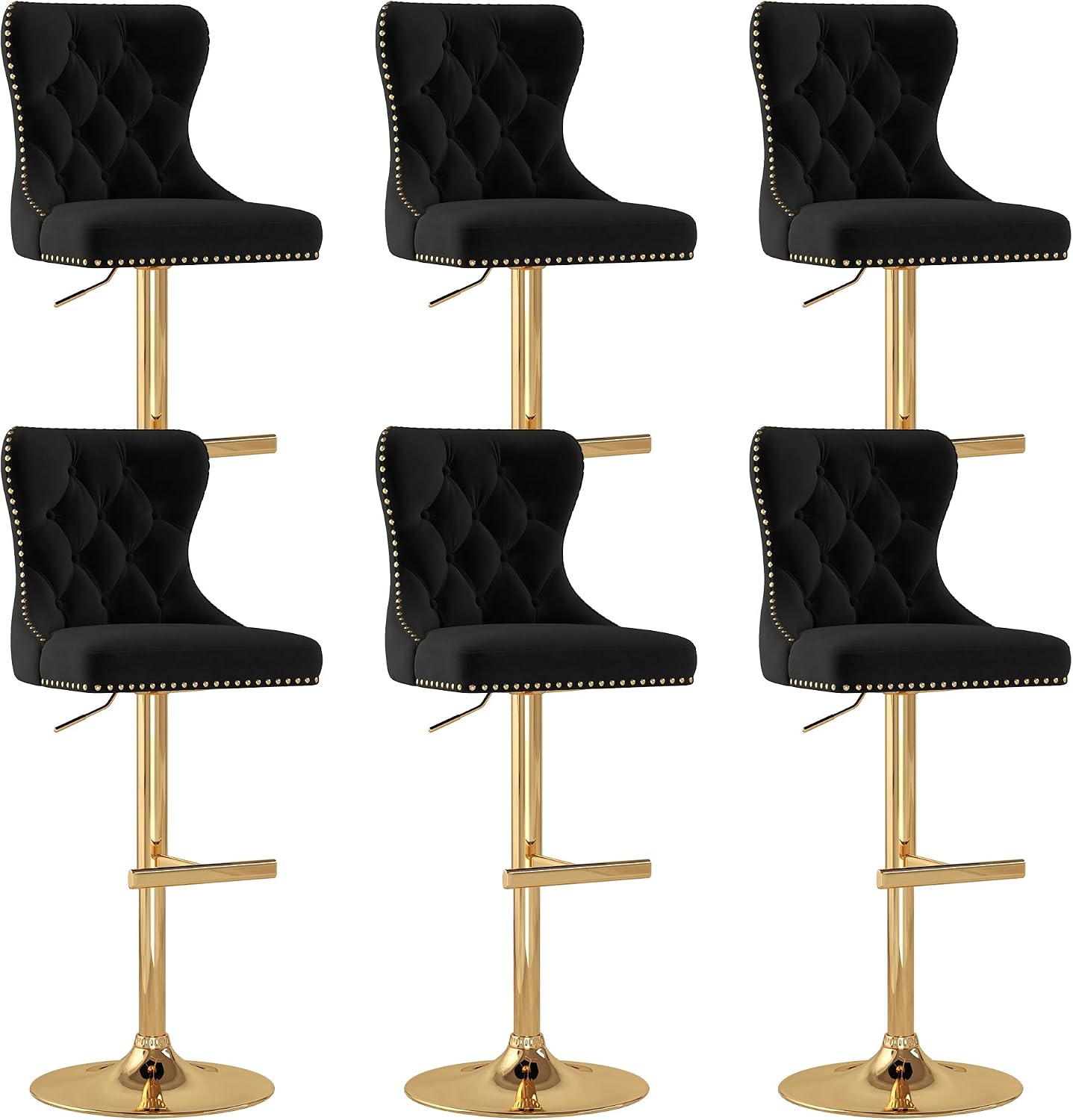 Black Velvet Tufted Barstools Set of 6, Swivel Counter Chairs with Diamond Lattice Back, Height Adjustable Seat with Rivet Trim Metal Pull