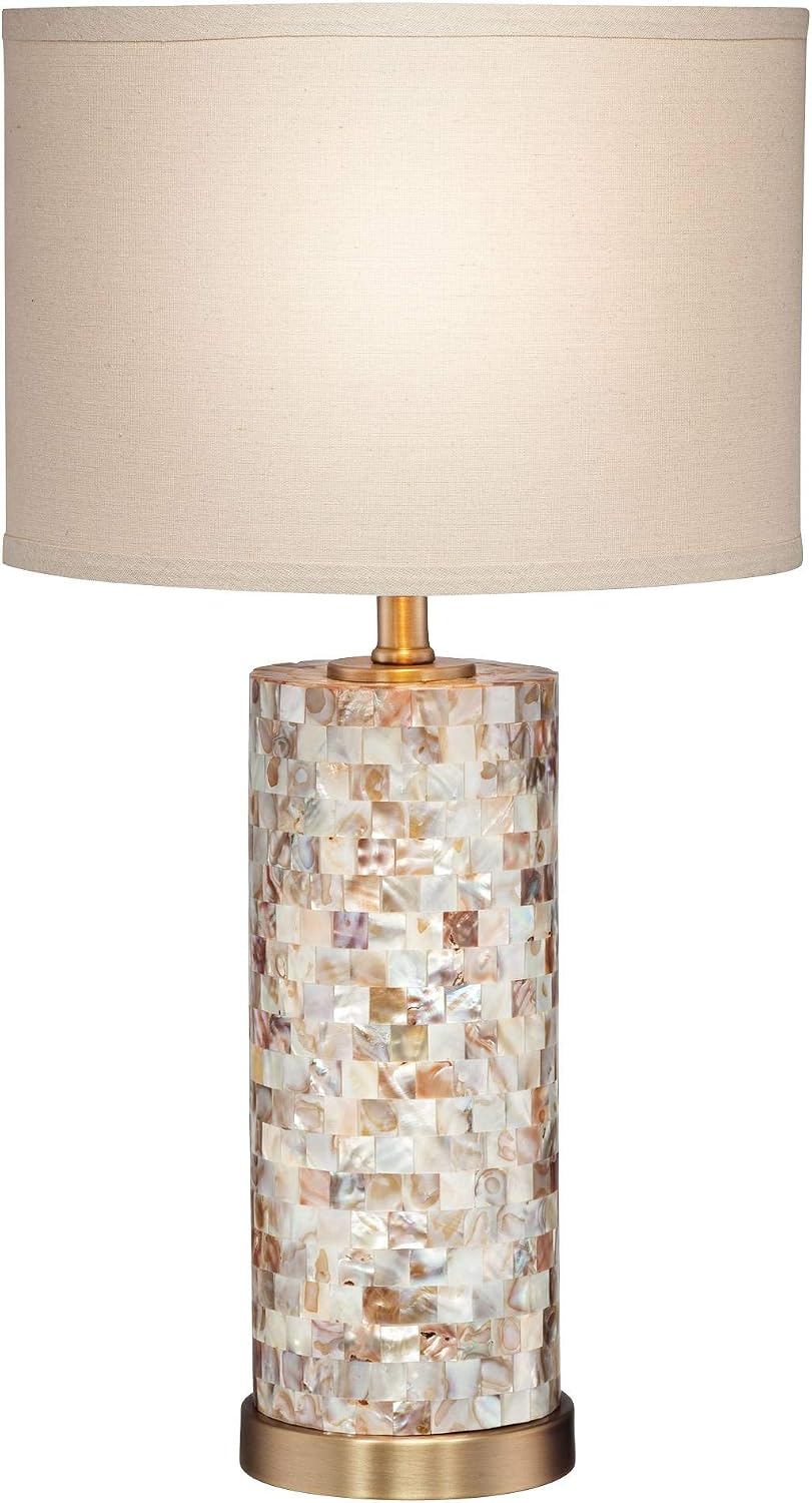 360 Lighting Margaret Coastal Accent Table Lamp 23' High Mother of Pearl Tile Cylinder Glass Cream Linen Fabric Drum Shade for Living Room Bedroom Beach House Bedside Nightstand Home Office